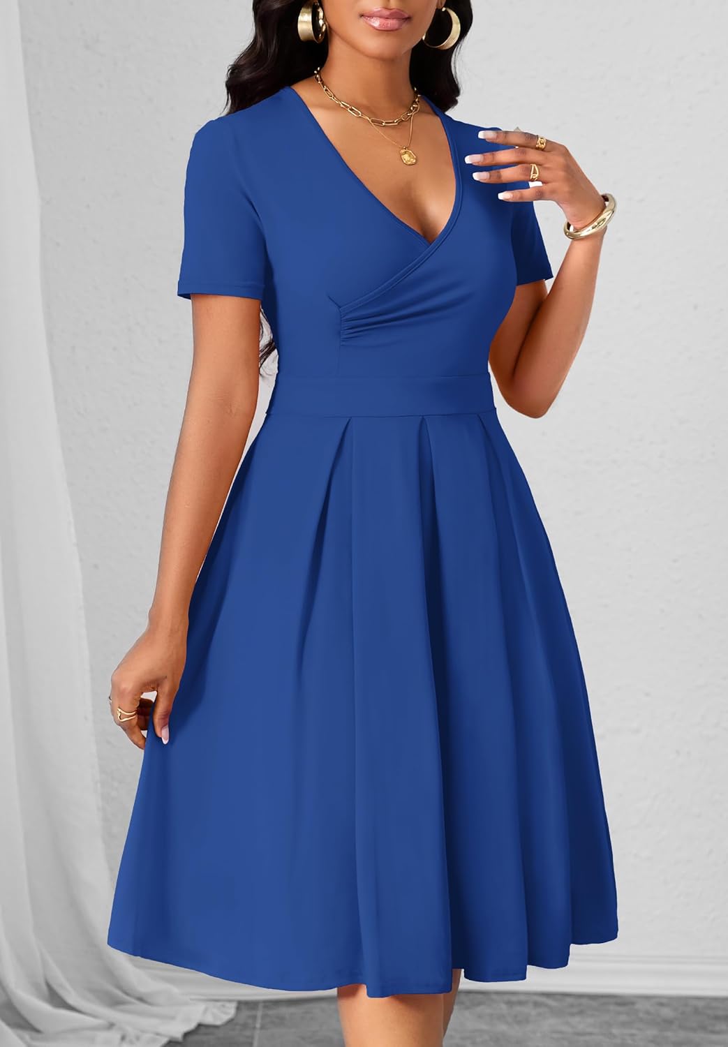 Women's Casual Wrap Dress Wedding Guest Dresses with Pockets Short Sleeve A-Line Swing V-Neck Pleated Dresses - Image 5