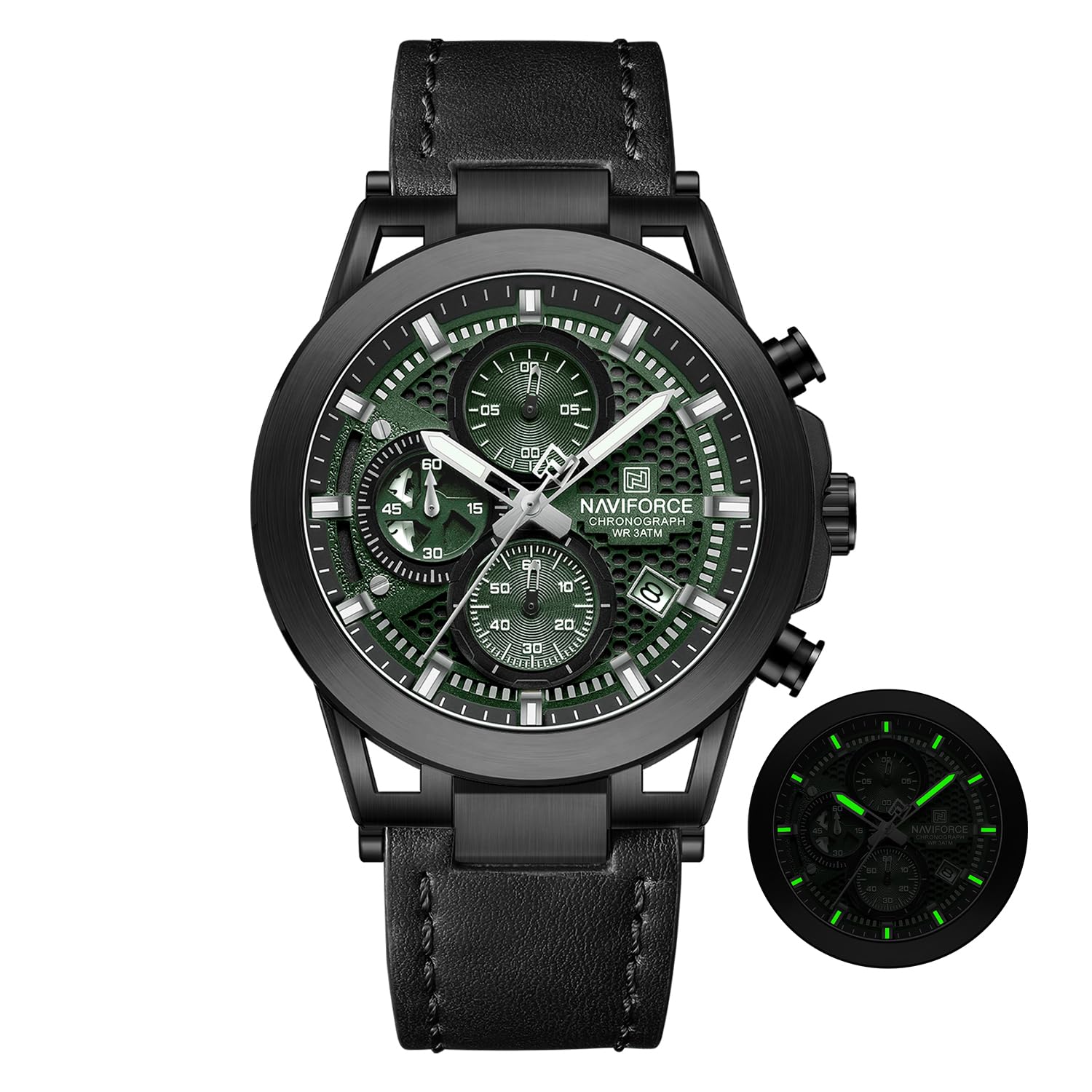 NAVIFORCE Men Sport Chronograph Watches,with Calendar Quartz Mens Waterproof Wrist Watches, Genuine Leather Strap,Gifts for Man Black+Green+Black