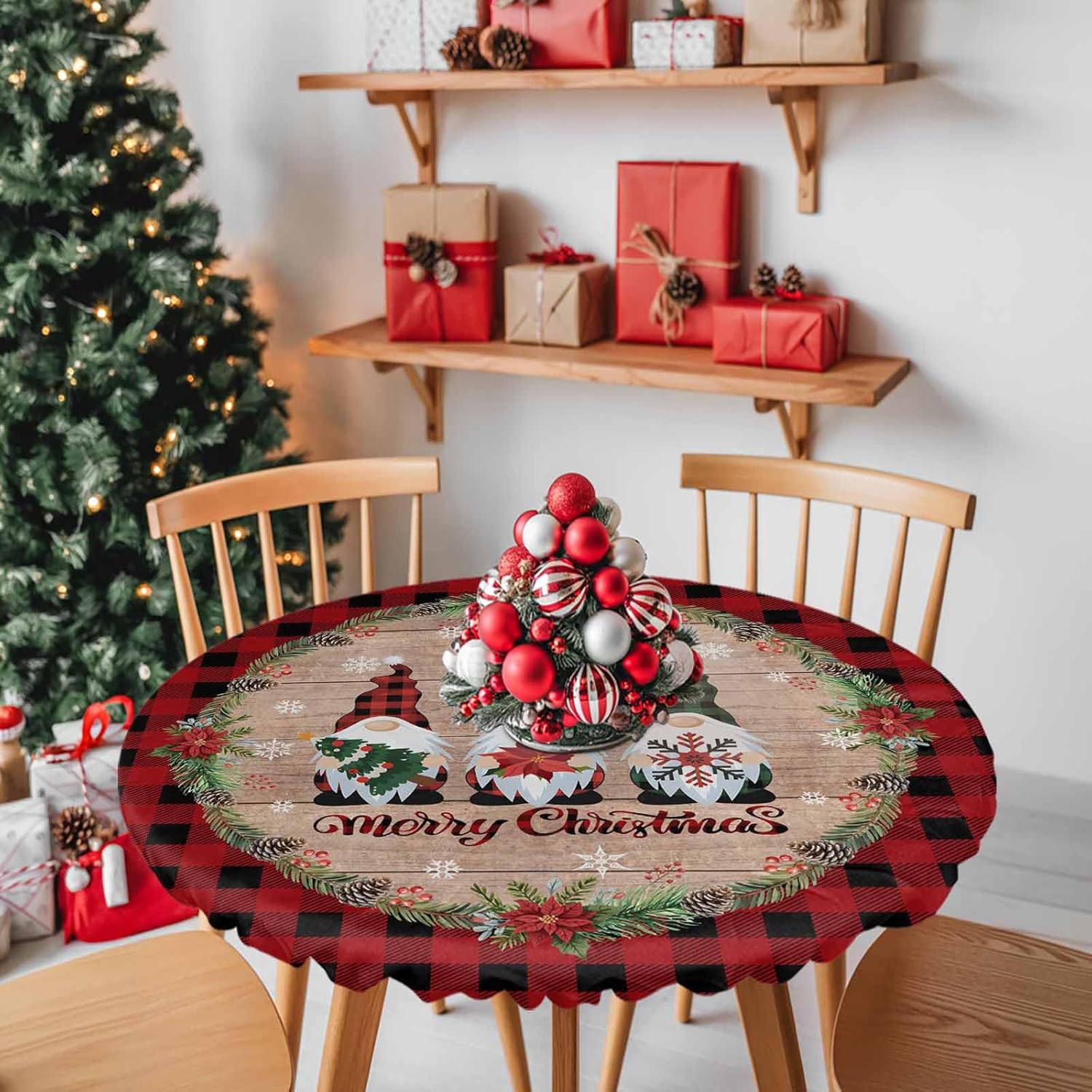 Christmas Gnome Round Fitted Tablecloth with Elastic Edge,Black Red Buffalo Plaid Waterproof Table Cloth,Xmas Tree Snowflake Poinsettia Circle Table Cover for Party Holiday Picnic Dining Room 36"-44"