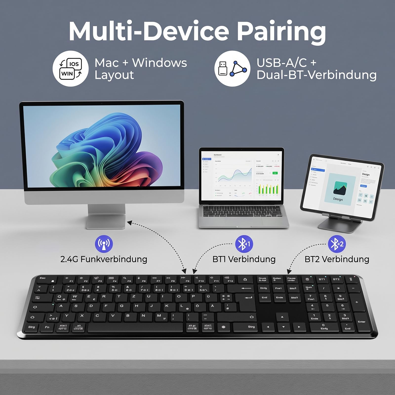TECURS Kabellose Bluetooth Tastatur (2BT+2.4G), QWERTZ Layout, Schwarz