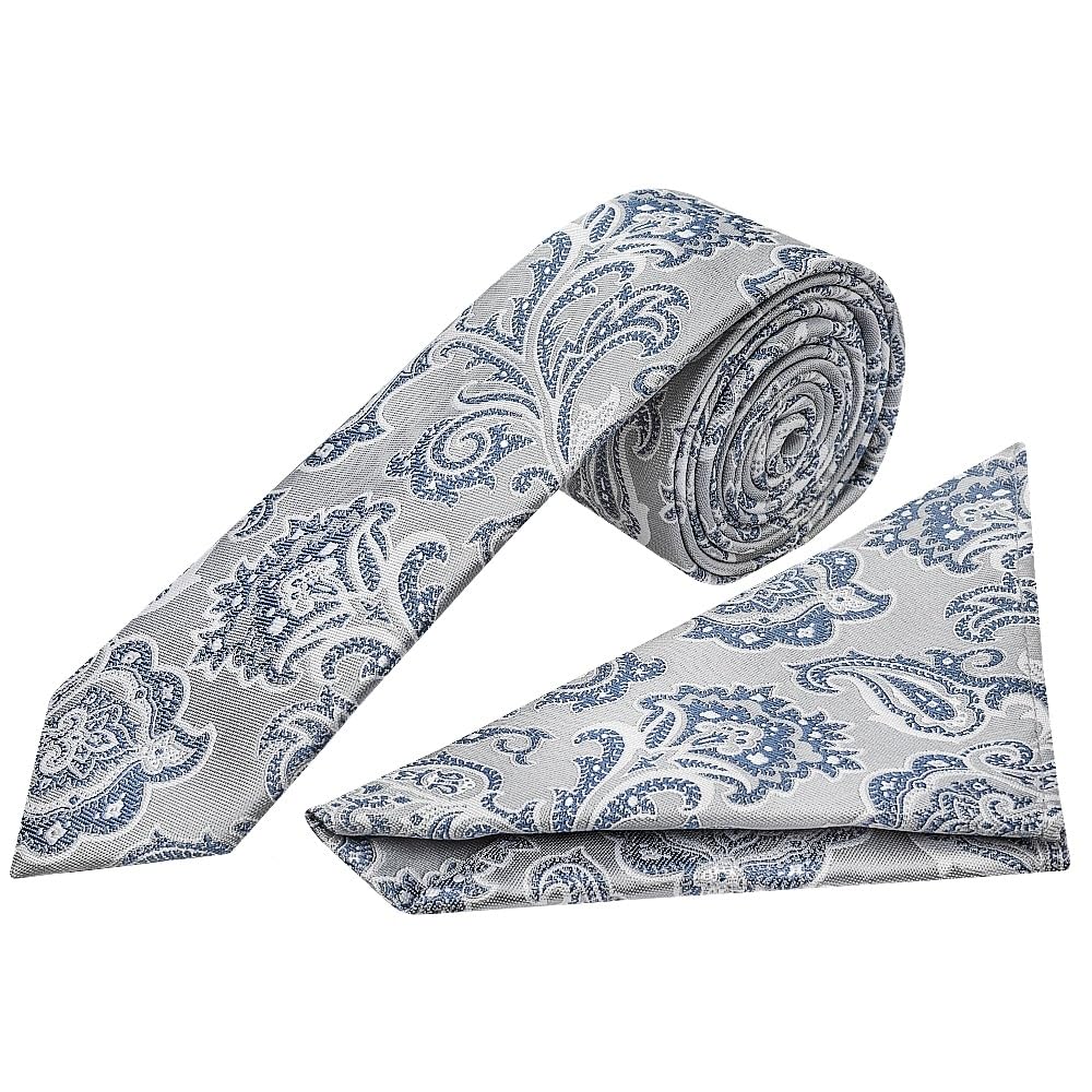 Ties R Us Men's Blue & Silver Silver And Blue Paisley Skinny Tie And Handkerchief Set