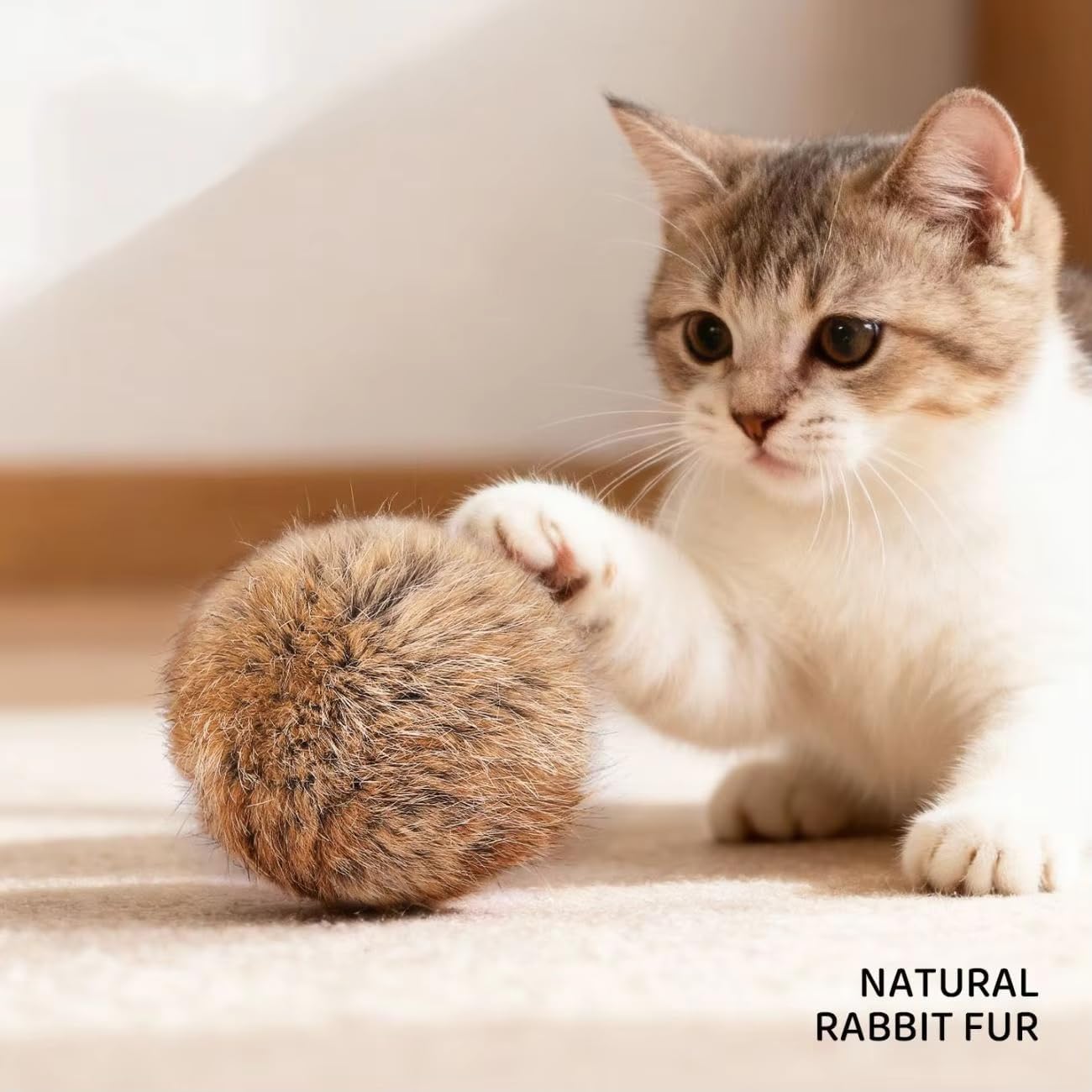 Rabbit Fur Ball Cat Toy, Fluffy Rabbit Fur Cat Toys, Soft Plush Cat Toy Balls for Bunny Kicks & Chase Games, for Indoor Cats Chasing & Batting (5, Large)
