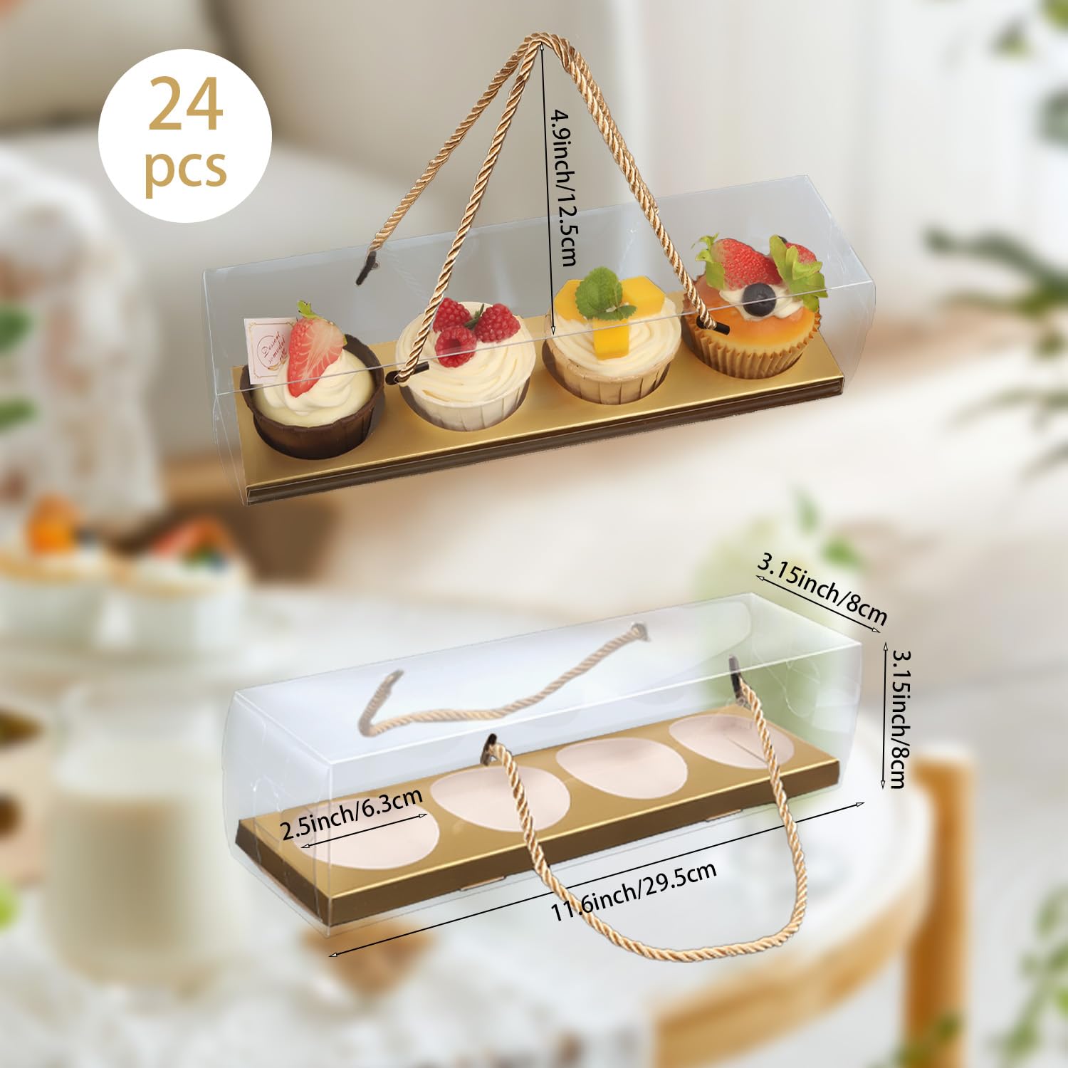 Transparente Cupcake-Boxen mit Griff, 24 Stück, 4 Bäckerei-Kuchen-Boxen, rechteckige Cupcake-Behälter, transparente Leckerli-Boxen, Geschenkboxen für Hochzeit, Party, Dessert-Verpackung,