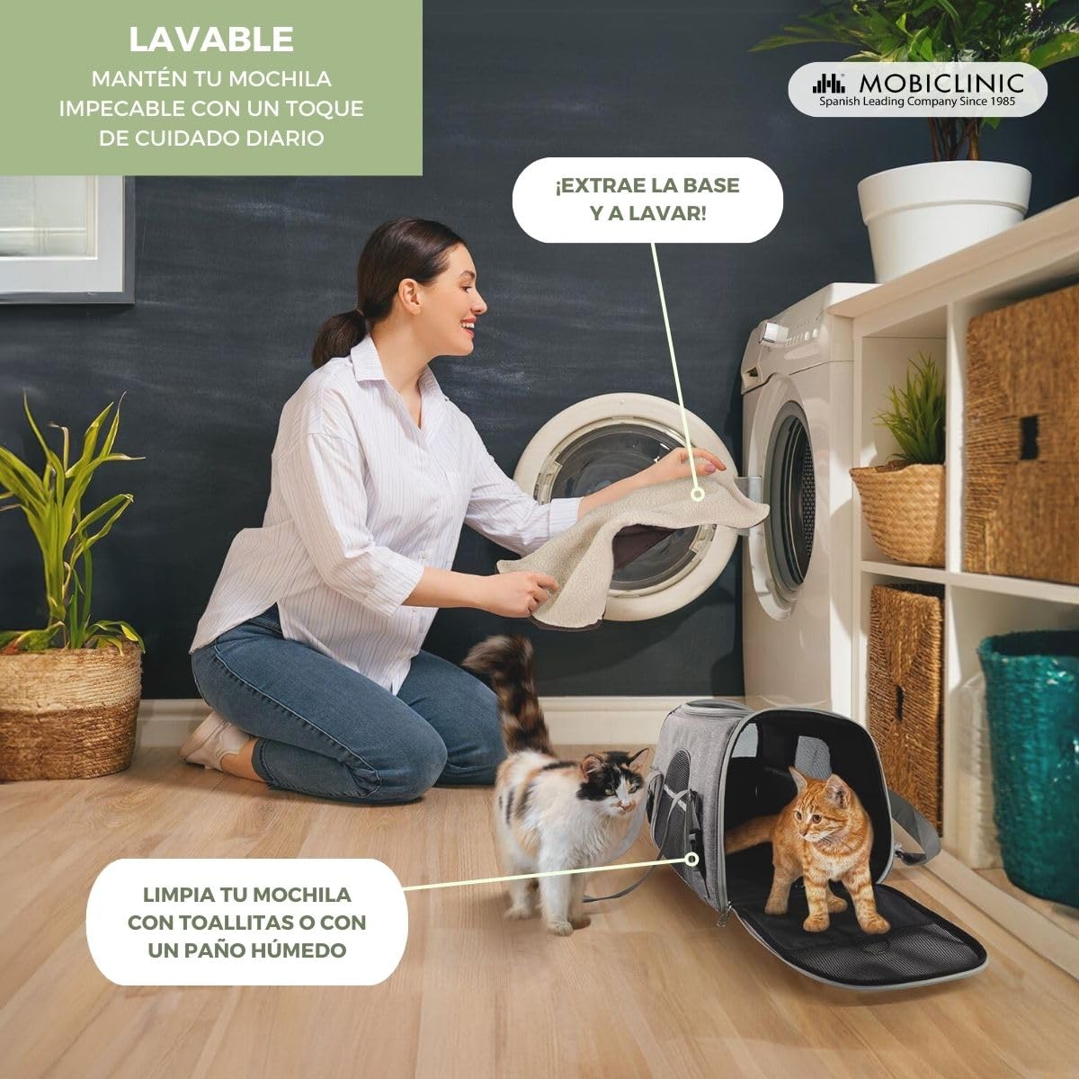 Mobiclinic® Pets, Transportín Perro Gato, Bronco, Plegable, Banda para Trolley, Ventilación, Múltiples accesos, Ajustable, 48x25x30 cm, Portátil, Adaptable a Maletas, Mascotas pequeñas