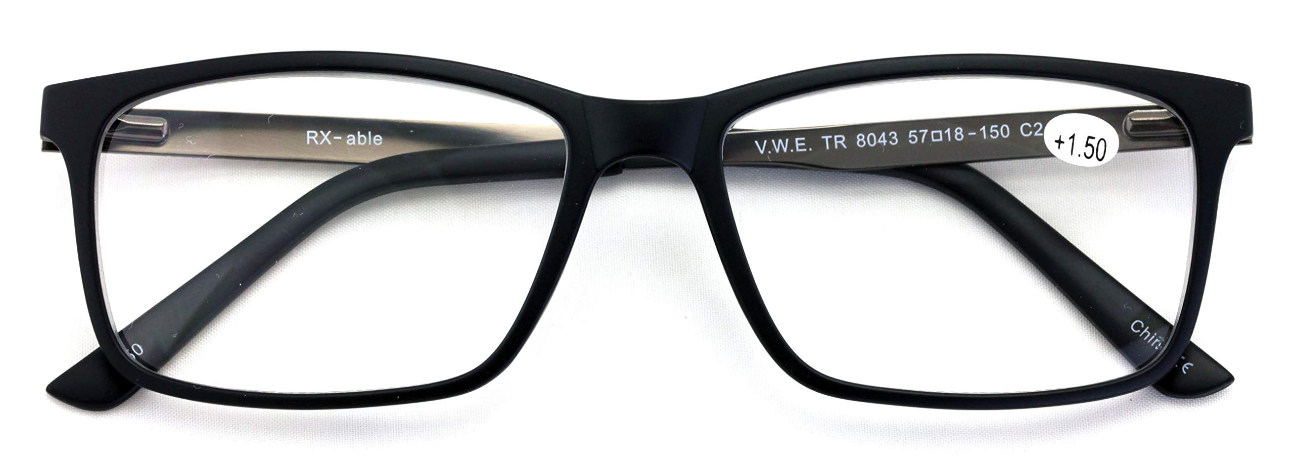 V.W.E. Men Premium Rectangle TR90 with Extended Metal Temple - Extra Large Reader - 147mm Wide Frame Reading Glasses