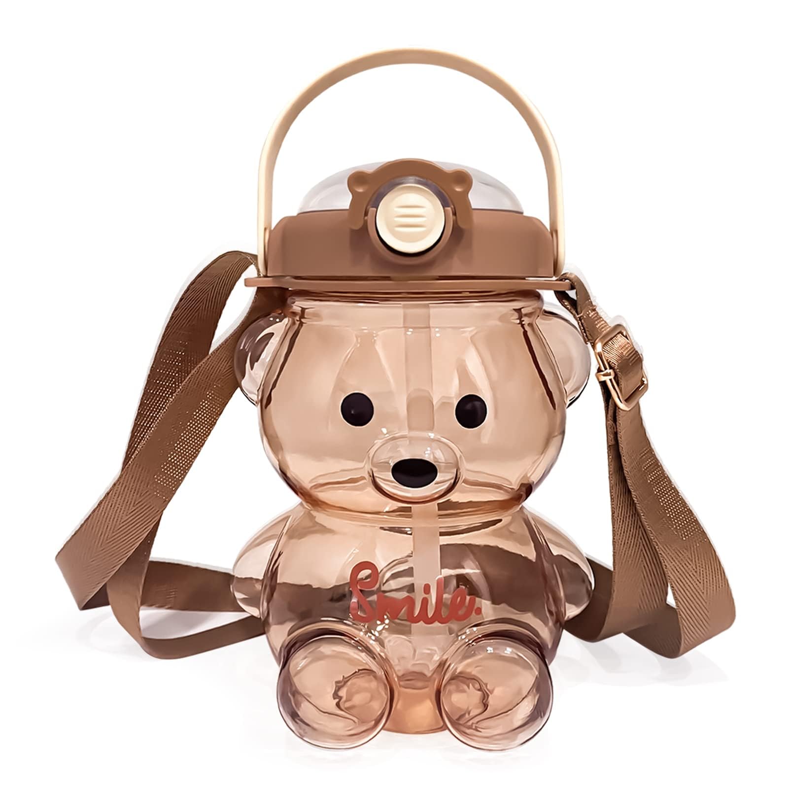 KFZR Bear Water Bottle with Straw Kawaii Cute Adjustable and Removable Shoulder Strap (1400mL, Brown)