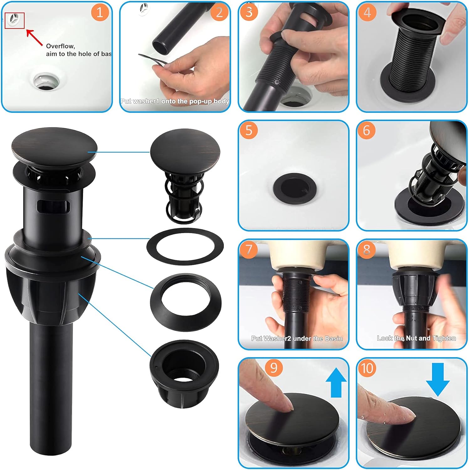 2 Pack Pop up Drain Stopper with Overflow, Push Button Sink Drain for Bathroom Sink Vessel Sink Vanity Sink, Pop up Sink Drain Bathroom Sink Drain, Push Sink Stopper Oil Rubbed Bronze