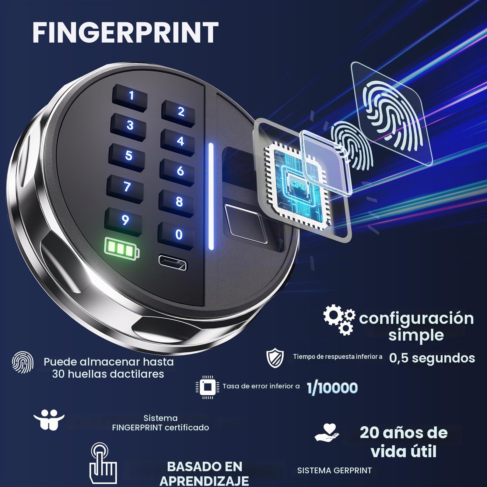 Grimtron Caja Fuerte Biométrica Inteligente - (14 litros) Caja de Seguridad con Lector de Huellas Dactilares, Modo Silencioso, Teclado Retroiluminado y Luz LED, Pequeña Caja Fuerte con Protección