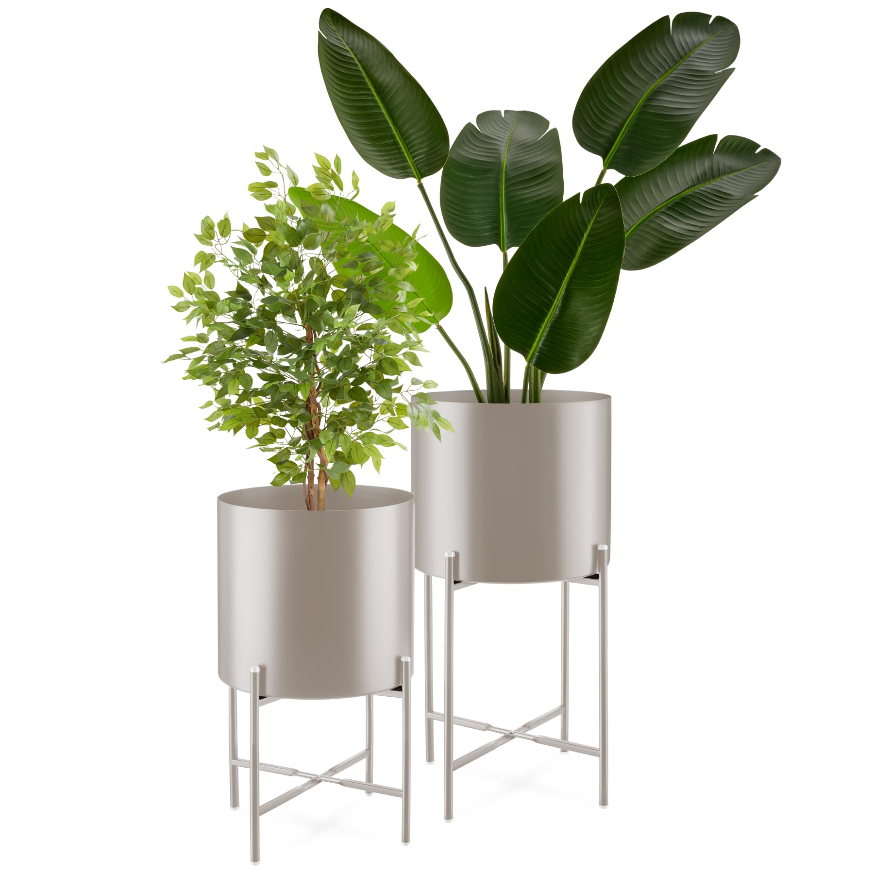tectake® Pflanzenständer 2er Set, Blumenständer, Metall Blumentopf, abnehmbare Übertöpfe, Blumentöpfe als Deko Wohnzimmer, Übertopf für Innen und Außen, Blumenhocker mit Füßen und Übertopf - taupe