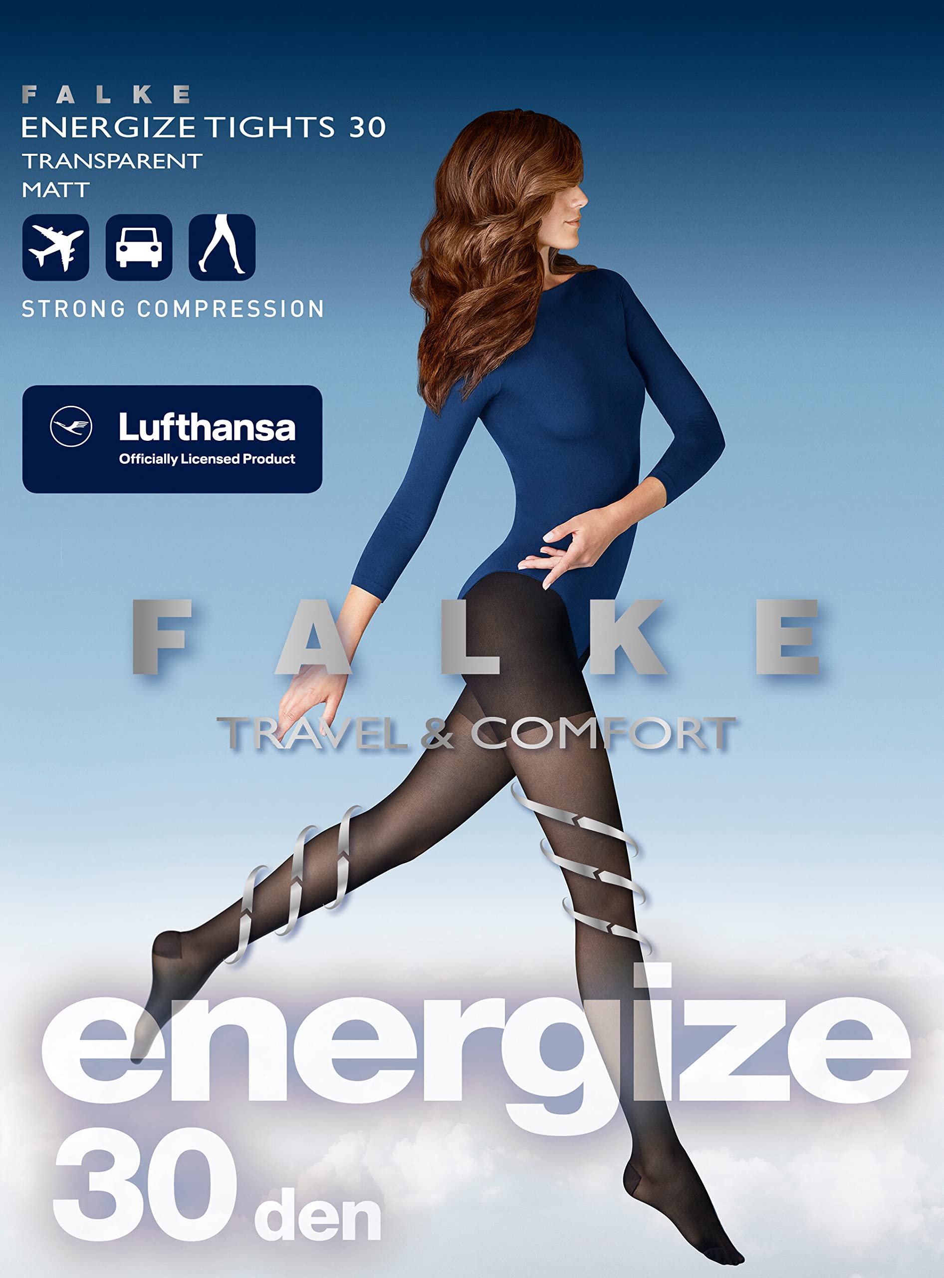 FALKE Lufthansa Travel & Comfort Damen Energize 30 DEN Strumpfhose feines weiches Material halb blickdicht Kompression Shapingeffekt druckfreier Komfortbund lange Reisen Stehen Sitzen 1 Stück