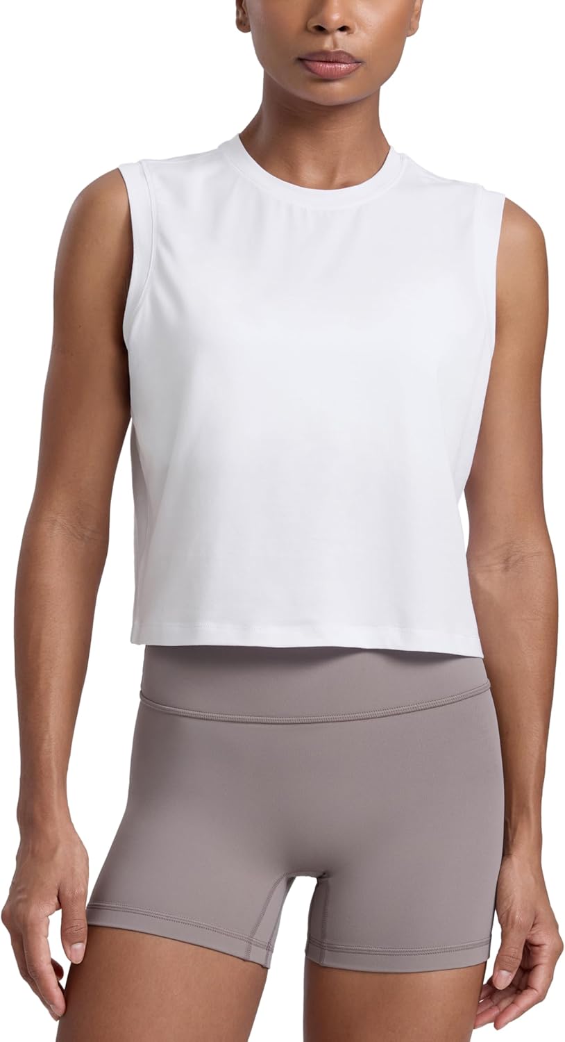 CRZ YOGA Cotton-Blend Workout Muscle Tank for Women Breathable Quick Dry High Neck Athletic Tops Casual Sleeveless Shirts