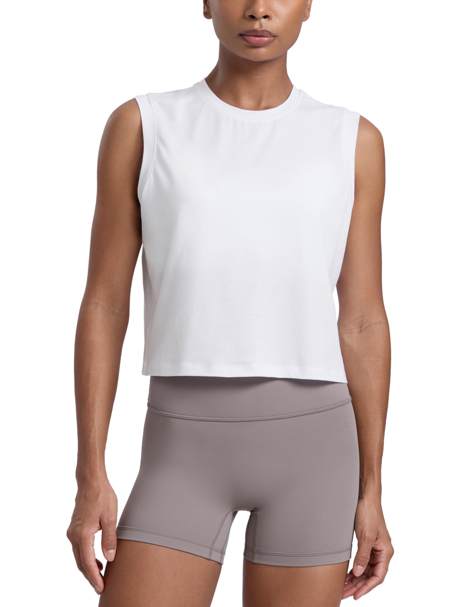 CRZ YOGA Cotton-Blend Workout Muscle Tank for Women Breathable Quick Dry High Neck Athletic Tops Casual Sleeveless Shirts