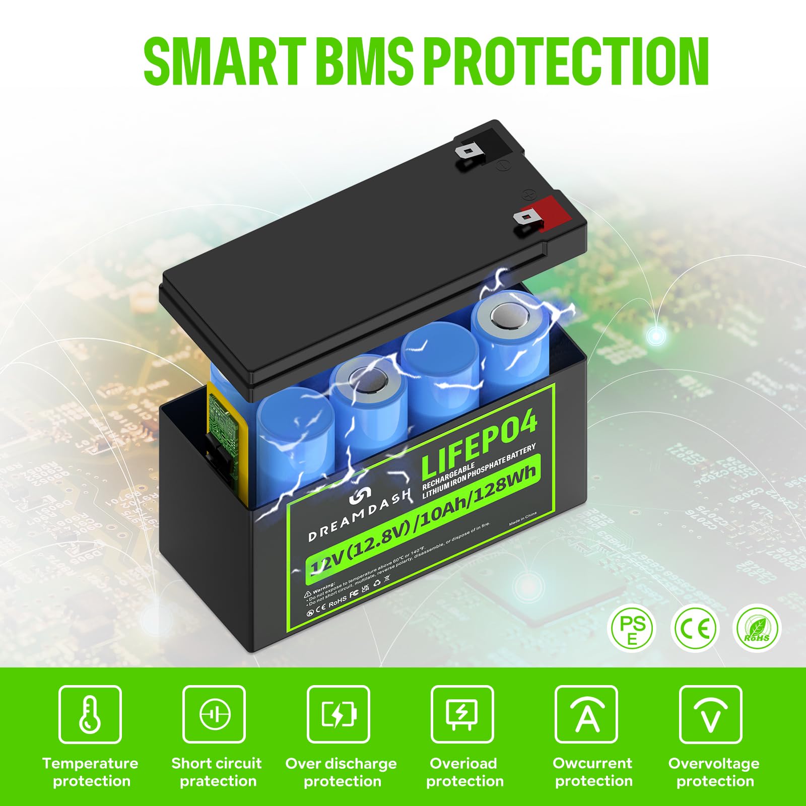 12V Batterie 10Ah LiFePO4 Akku Wiederaufladbare, 3000+ Zyklen bei 80% DOD, IP55, funktioniert von -20 ℃ bis 60 ℃, für Kinderfahrzeug, Kinderauto, Kinder Elektroauto, USV, E-Bike, Beleuchtung, Roller