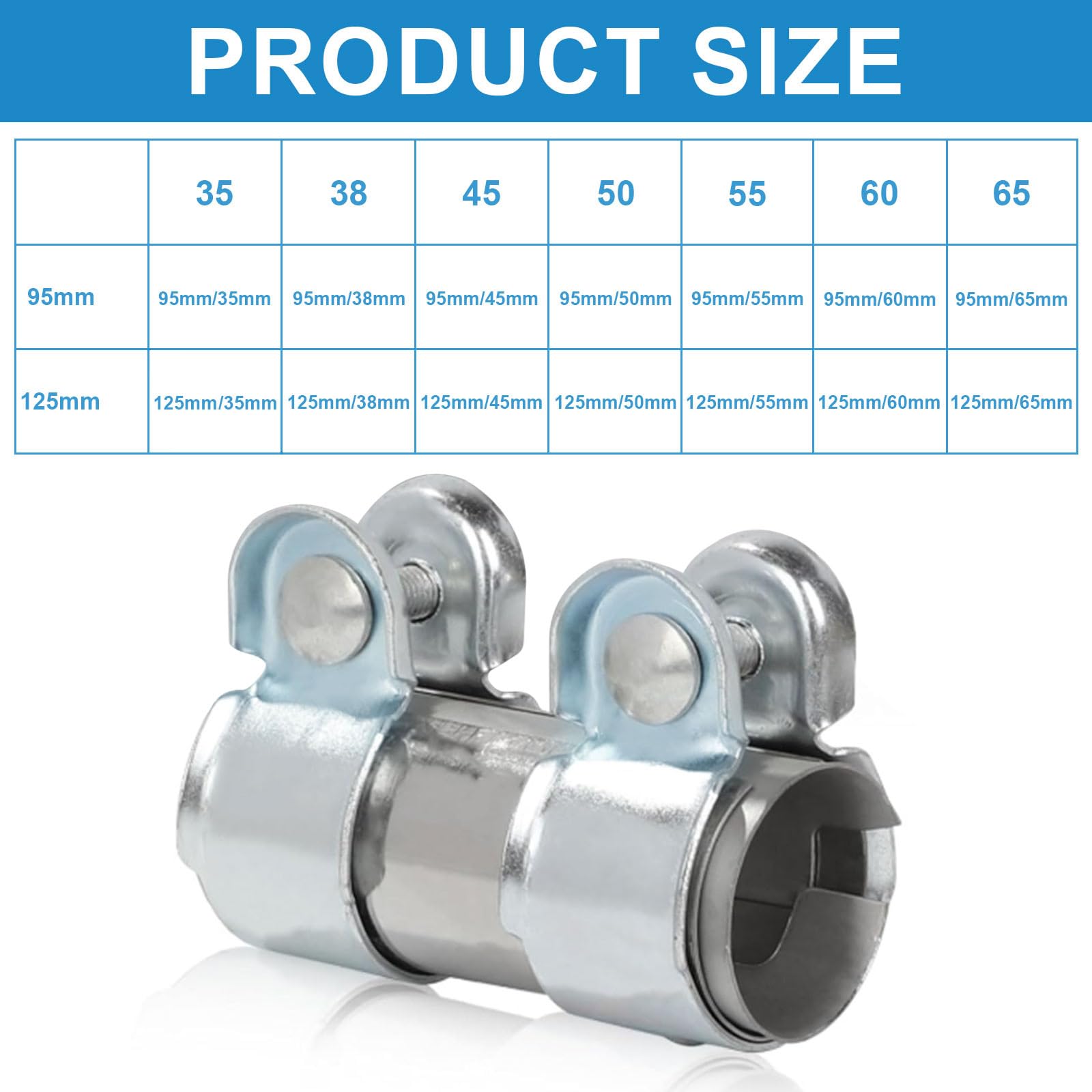 Podwójna obejma do rury wydechowej 38 mm x 95 mm, obejma do rury wydechowej ze stali nierdzewnej, uniwersalna obejma do rury wydechowej, podwójna obejma do rury wydechowej