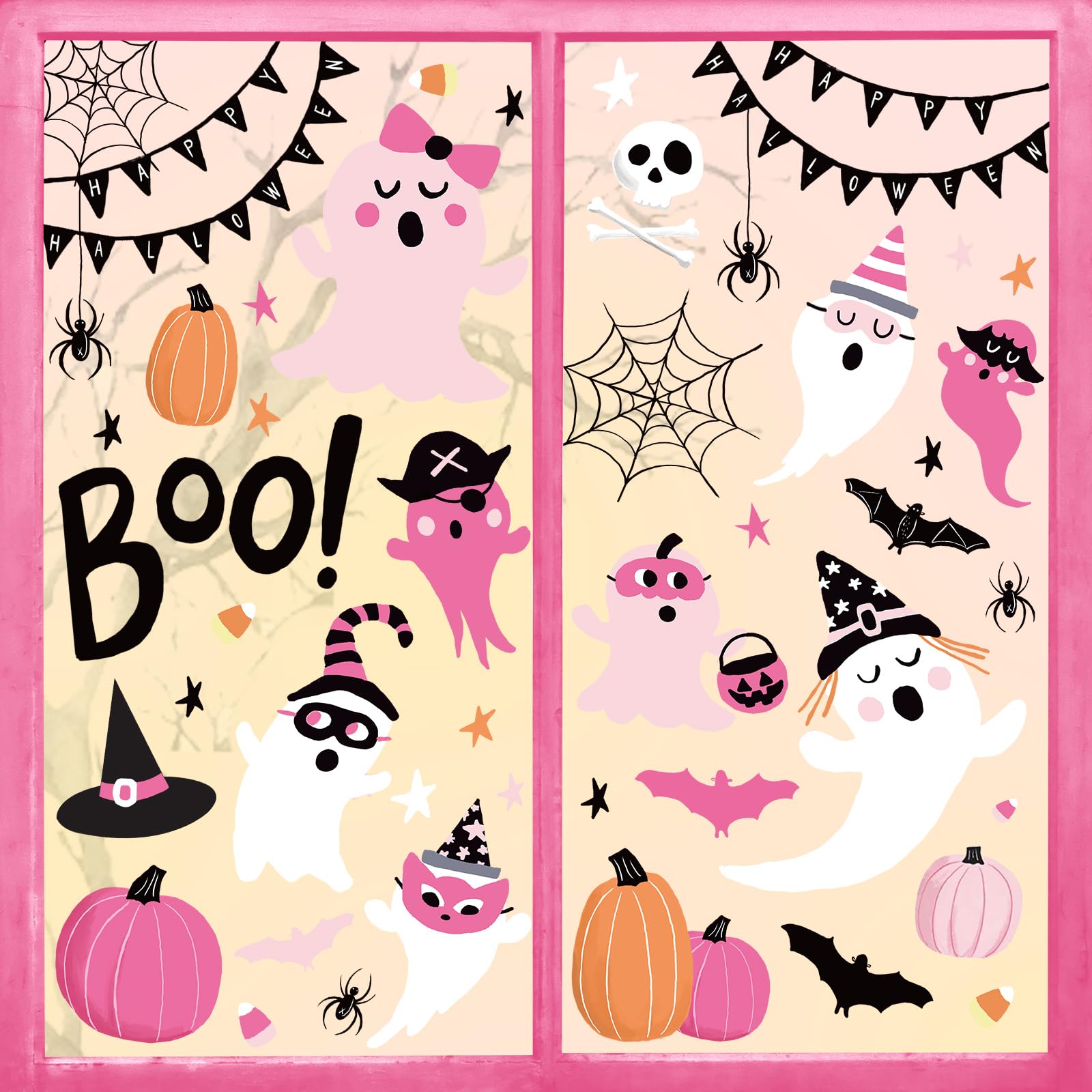 AnyDesign 6 Sheet Halloween Window Clings BOO Ghost Pumpkin Bat Window Decals Pink Double-Sided Window Stickers Decor for Halloween Home Store School Decor Party Supplies, 11.5 x 8.3 inch