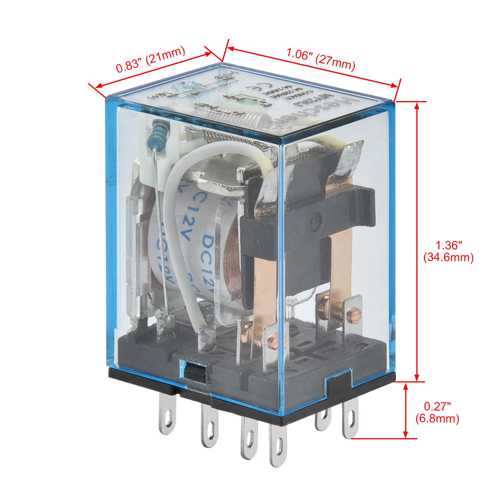 Heschen Relè per uso generico, LY2NJ, bobina 12VDC, 10A 24VDC/220VAC, DPDT, indicatore LED, con base a bussola
