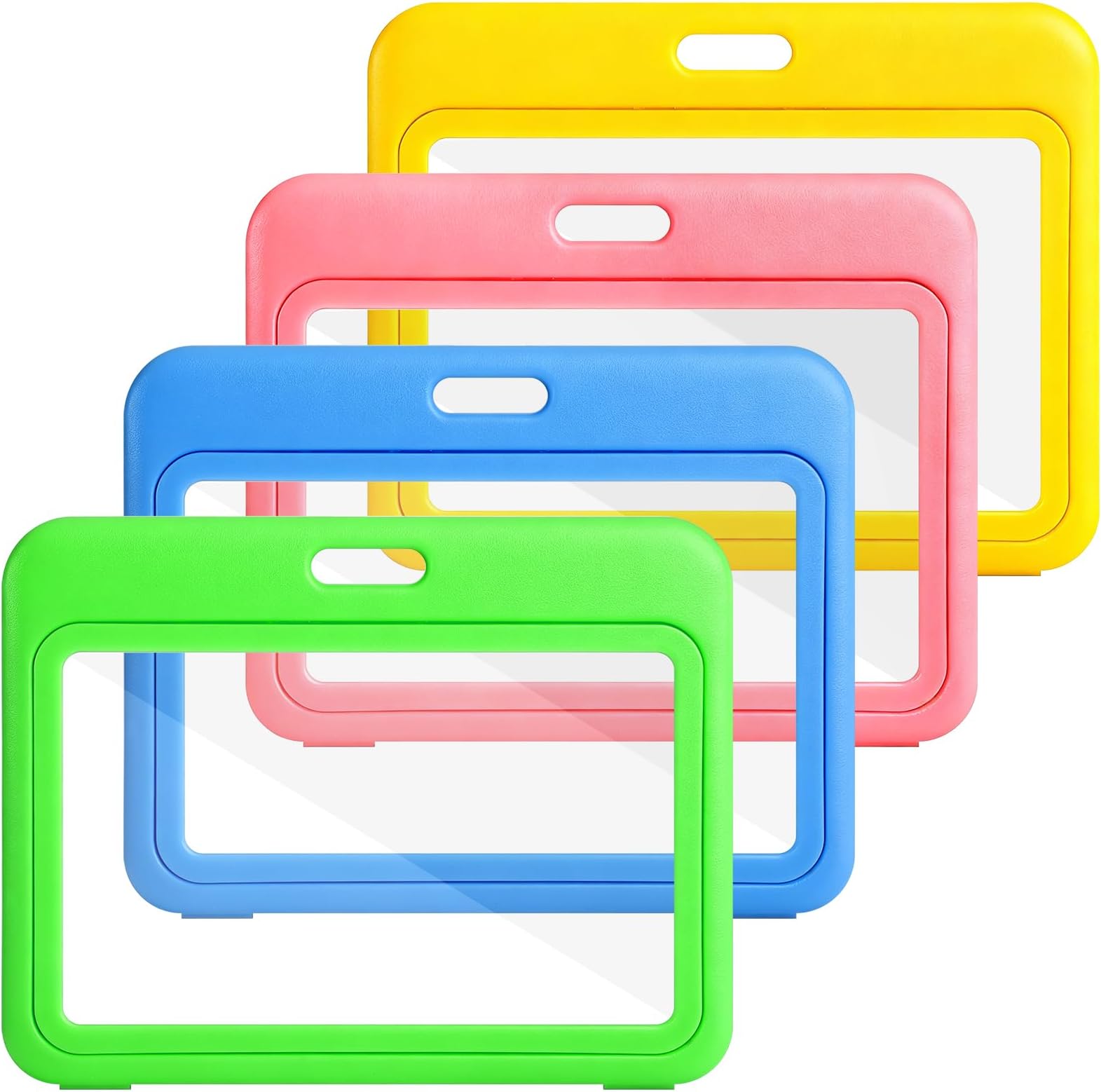 Horizontal ID Badge Holders 4 Pcs Double-Sided Transparent ID Badge Holder Waterproof Hard Plastic Horizontal Card Holder for School-ID, Work-ID, Credit Card, Driver's License, Access Cards