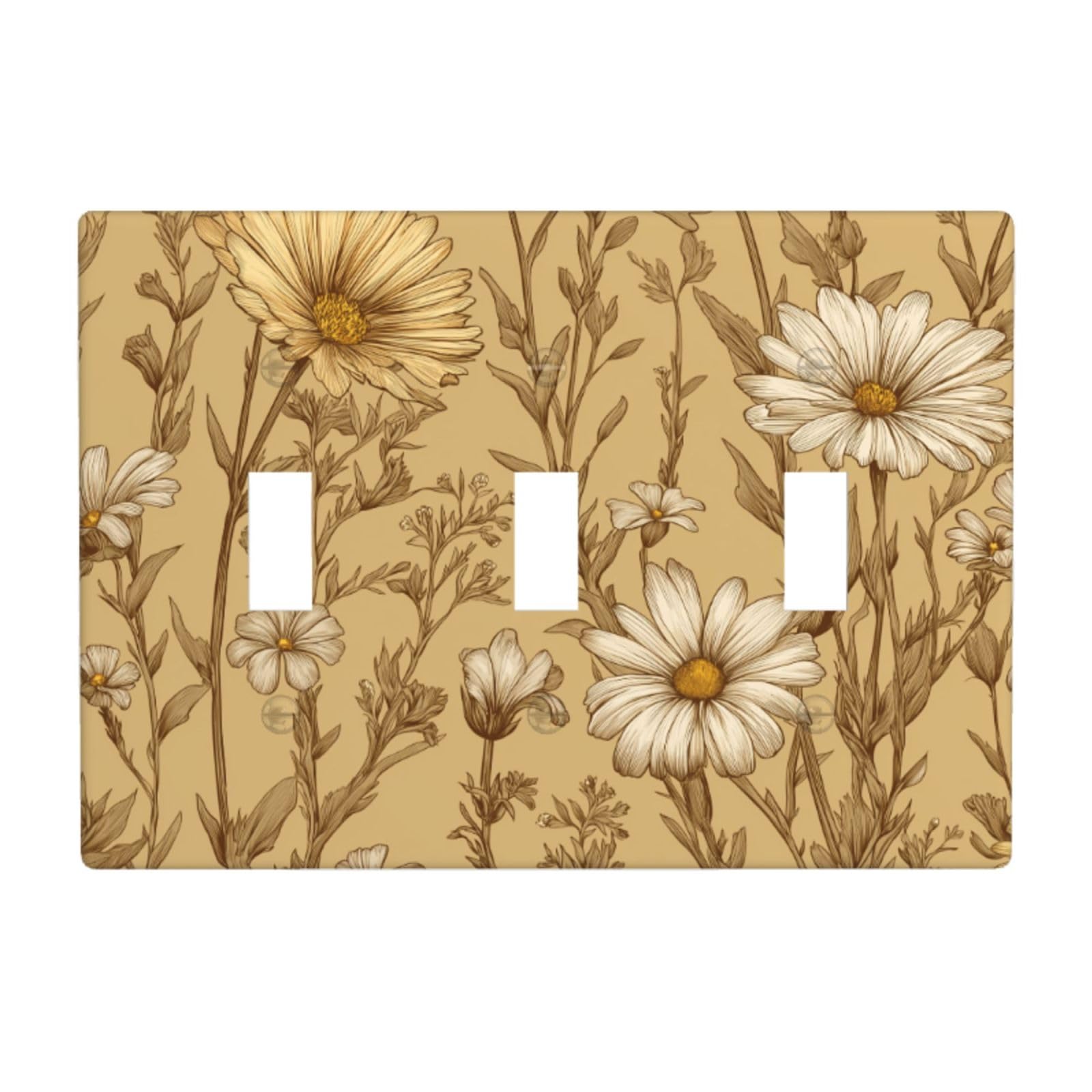 Woshuwo White Vintage Daisies And Wildflowers On Yellow Light Switch Covers 3 Gang Triple Toggle Wall Plate Switchplate Electrical Faceplate For Bathroom Kitchen Bedroom Decor