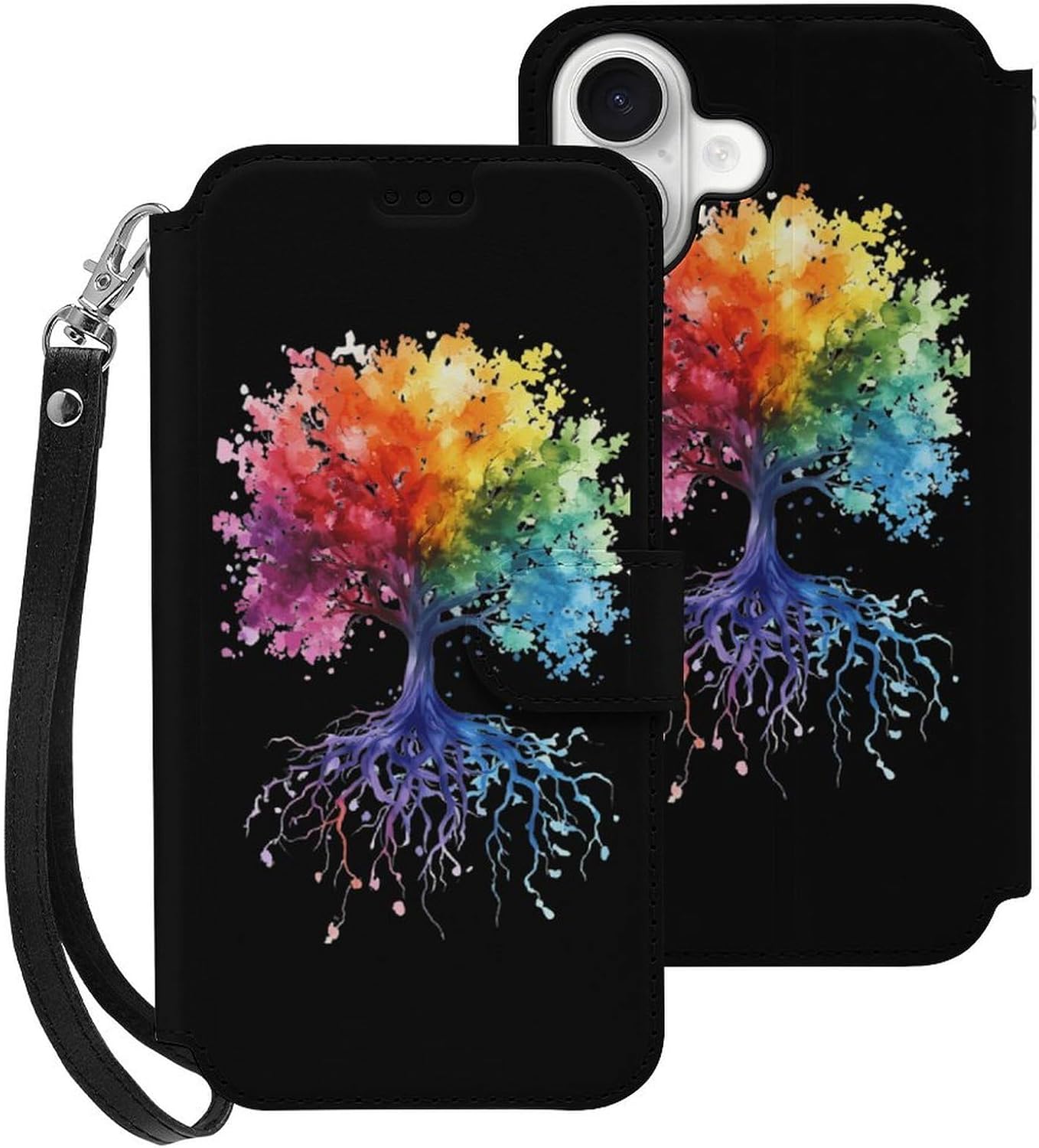 Watercolor Tree Colorful Compatible with iPhone 16/16 Plus/16 Pro/16 Pro Max/16 E Case Phone Wallet Card Holder Flip Cover with Wrist Strap