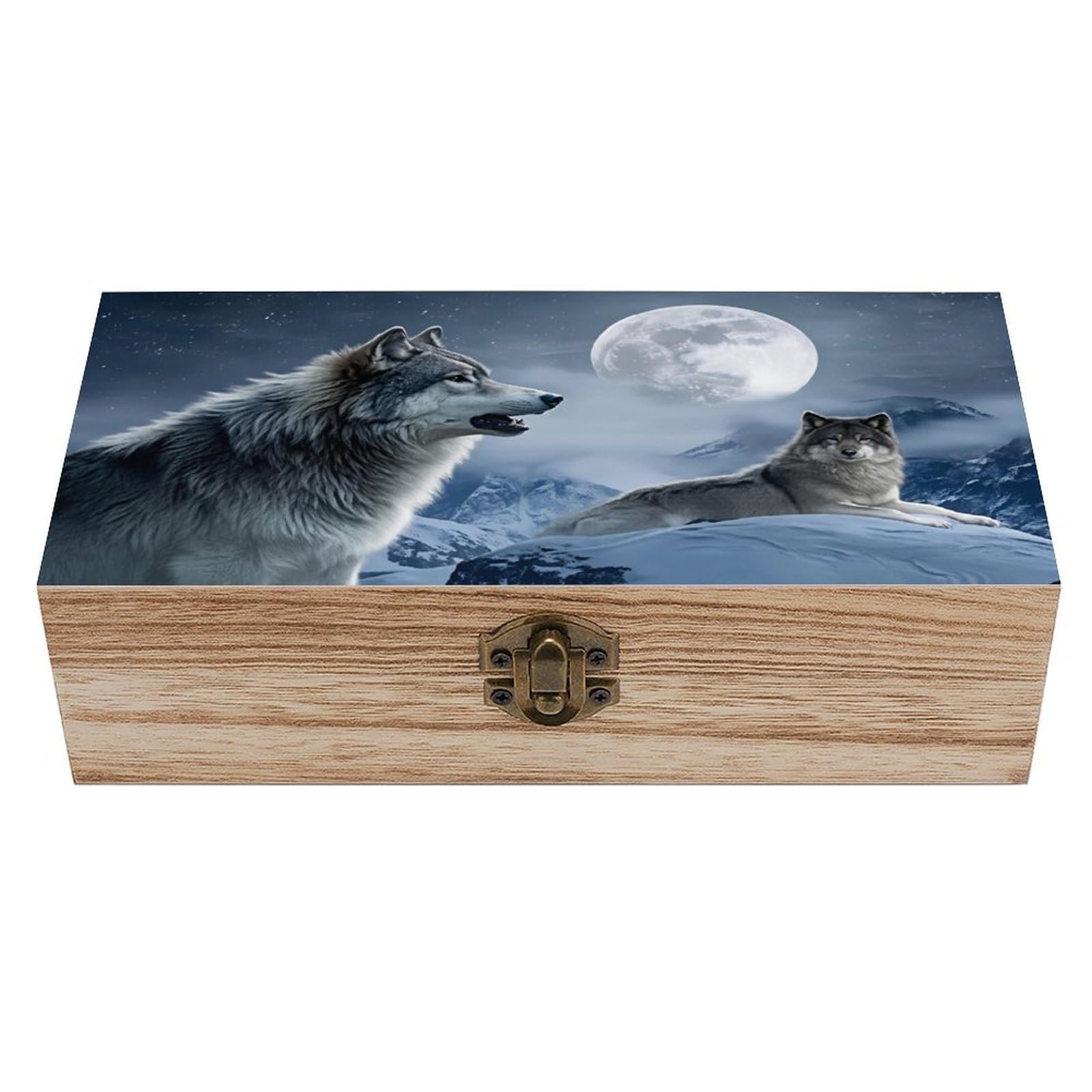 SMAZDFXX Wolf Moon Snow Mountain Night Howl Wooden Keepsake Box Vintage Solid Wood with Hinged Lid 7.9"×3.7"×2.3" Metal Latch Rustic Home Decor for Jewelry Photos And Trinkets