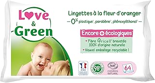 Love & Green Lingettes à la Fleur d'Oranger Saines et Ecologiques - Paquet de 64 Lingettes - Certifiée Cosmo Natural par ECOCERT et FSC - Emballage recyclable