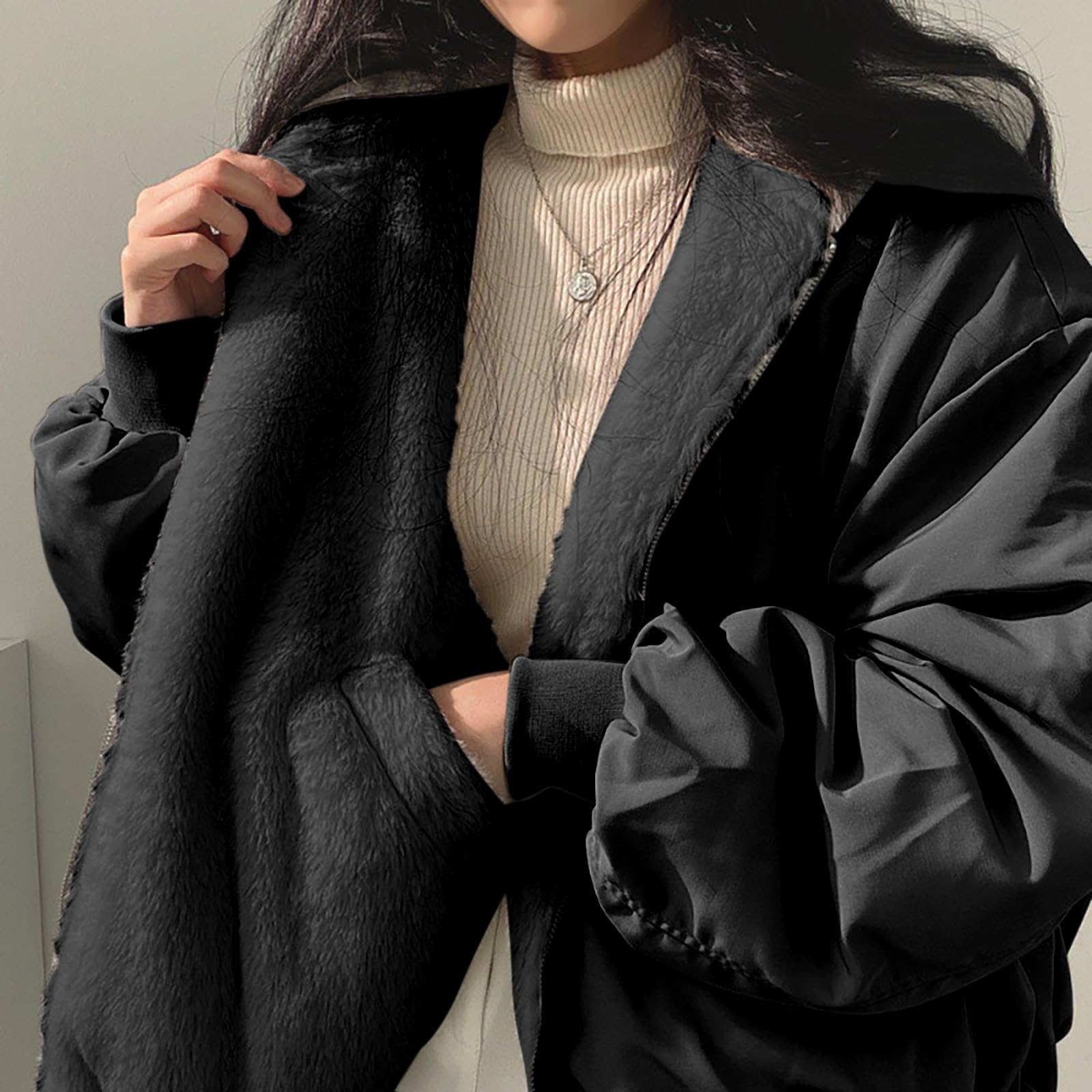Generico Giacca Jeans Donna Giacca da Donna in Cotone con Cappuccio Sciolto in Lana di Agnello Felpata e Ispessita su Entrambi i Pellicciotto 𝐂orto Elegante Donna Cerimonia