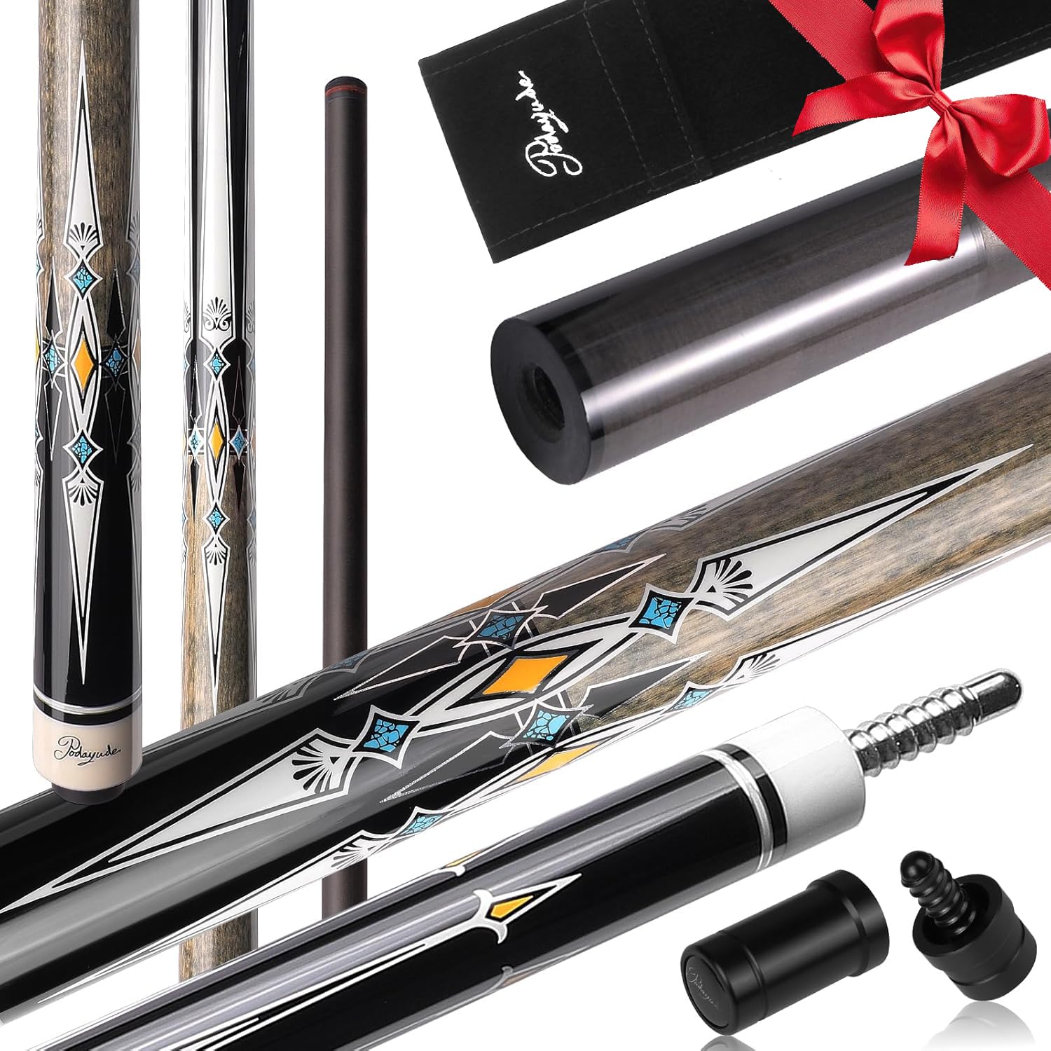 PODAYUDE Carbon Fiber Pool Cue Sticks - 2 Pieces 58" Low Deflection Billiard Cue with 3/8" X8 Joint 12.5mm Tips Pool Sticks with Velvet Bag, [ Weight Adjustable ] 19-19.5oz