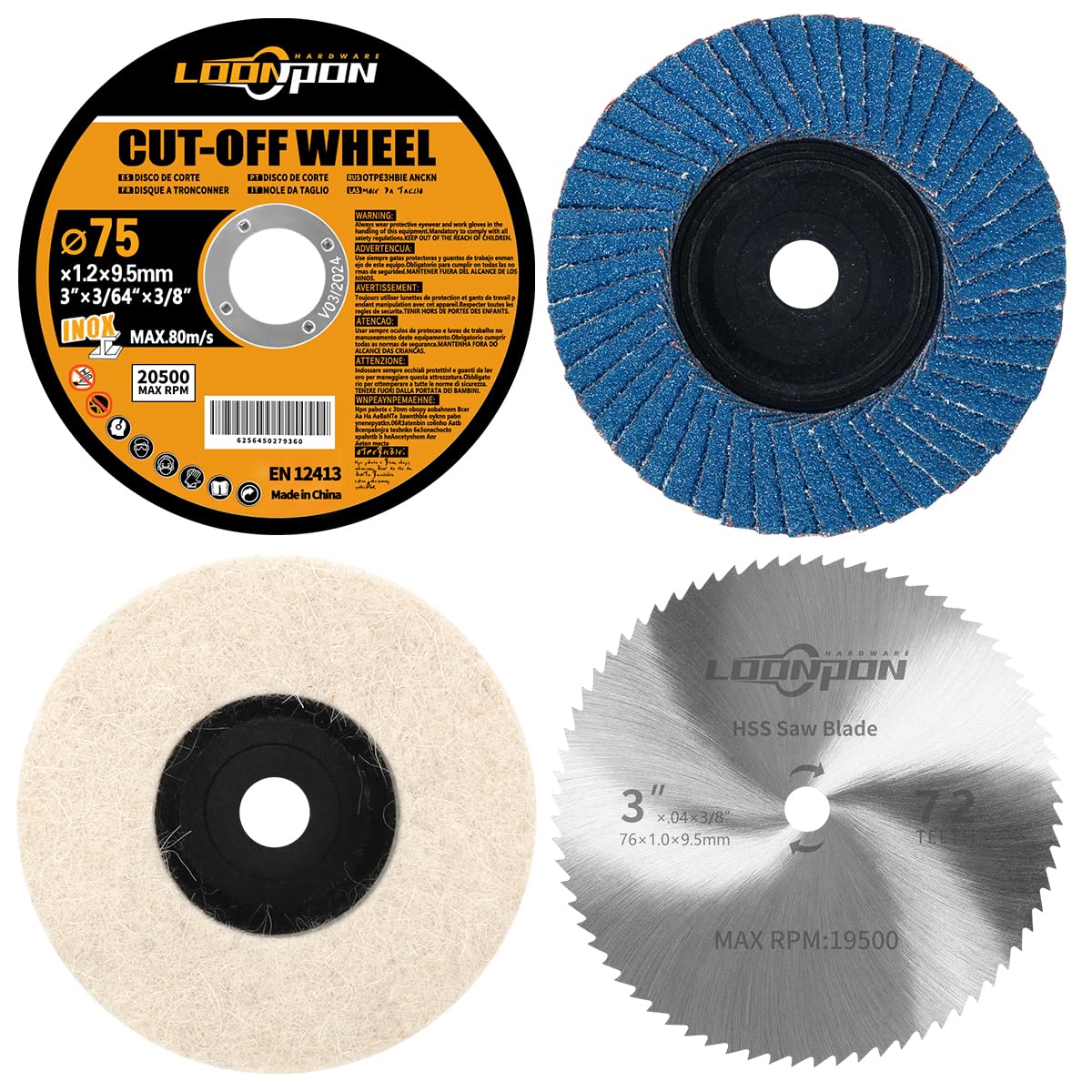 Dischi da taglio, a ventaglio, set di dischi lucidanti ∅ 75 x 9.5 mm, per smerigliatrice angolare, taglio e lucidatura metallo, punta di montaggio per filiere, (75 mm, 20 pezzi)