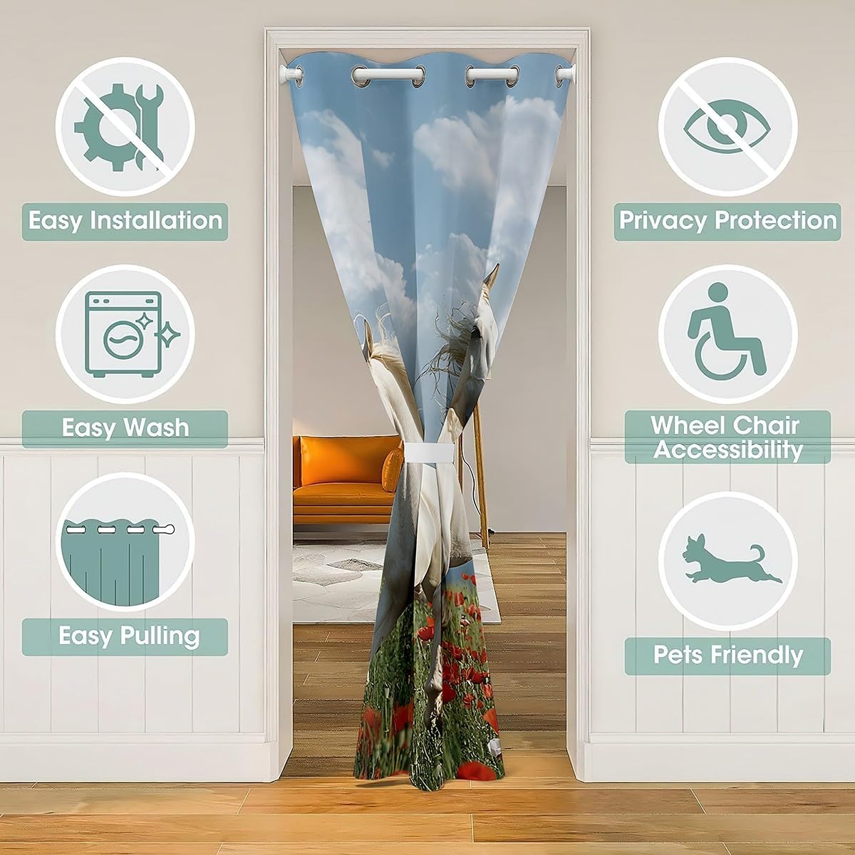 Feelyou Galloping Horse Closet Door Cover Curtain for Living Room 52x80 Inch 1 Panel White Cloud Door Curtain for Doorway Privacy30%-50% Room Darkening Blackout CurtainDoors with Windows Room Decor