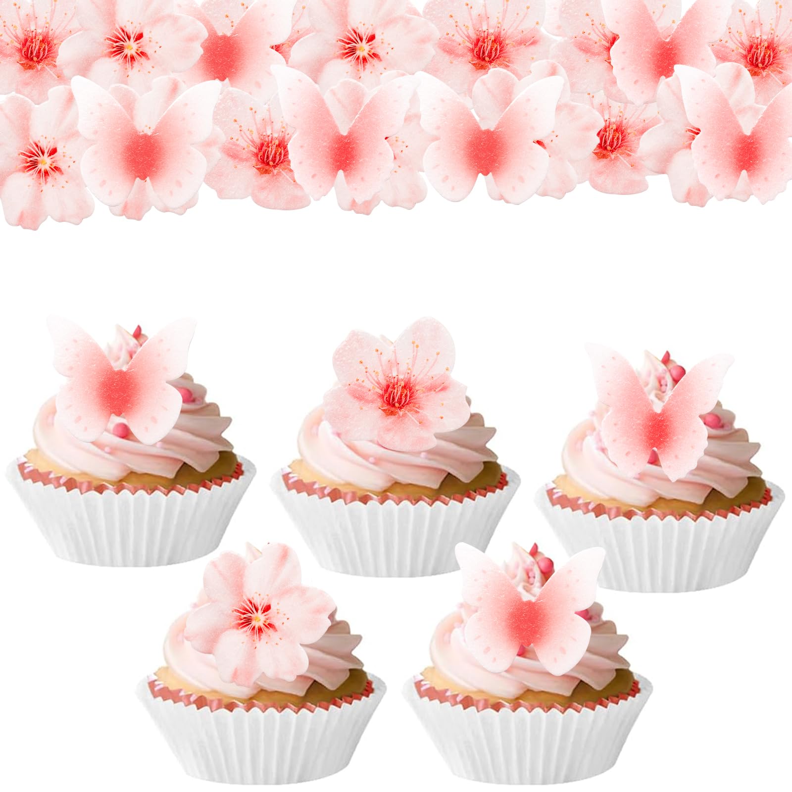 Catelves Blumen Schmetterling Tortendeko Essbar,48 Stück Essbare Schmetterlinge für Torte,Rosa Tortendeko Mädchen,Schmetterling Deko Torte Essbar,Schmetterlinge Cupcake Deko,Kuchendeko Geburtstag