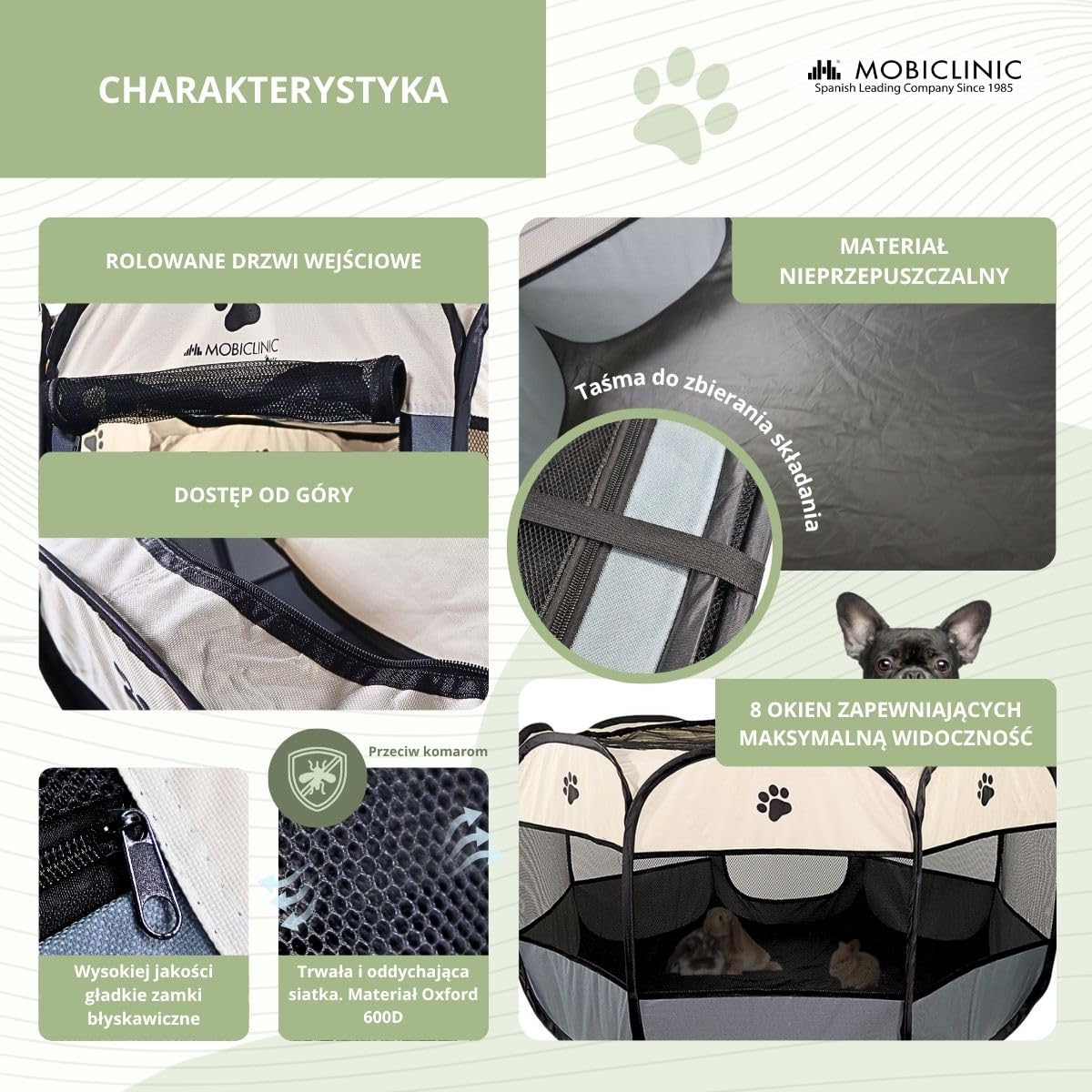 Mobiclinic® pets, Park dla psów, Składany, 114x114x58cm, Scooby, 2 wejścia, 8 okien, Elastyczna taśma do przechowywania, Użytku wewnątrz i na zewnątrz, Materiał z siatki 600d, Szary
