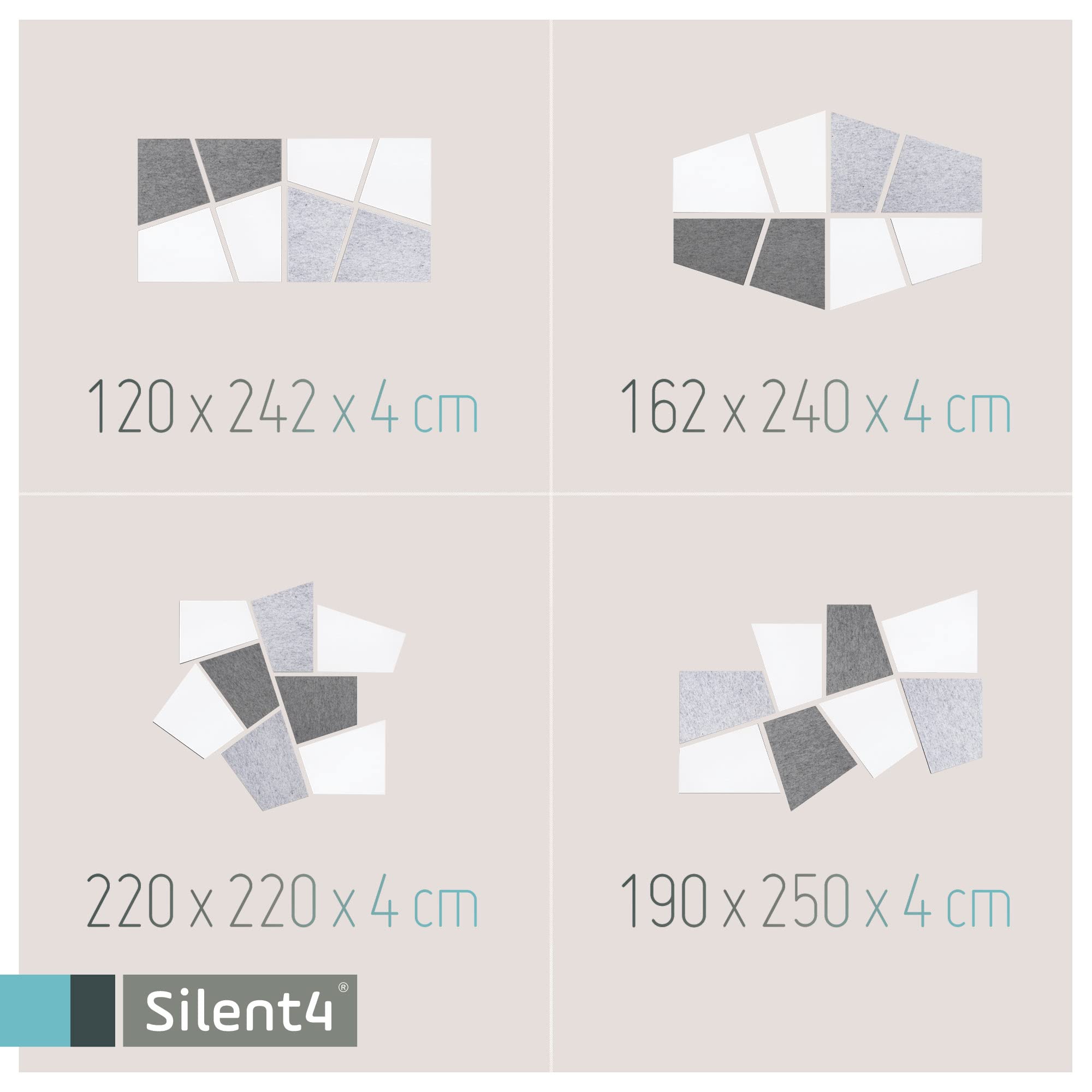 SILENT4® Kit de 8 panneaux acoustiques mural, DIVID, montage collé, blanc gris, voile acoustique