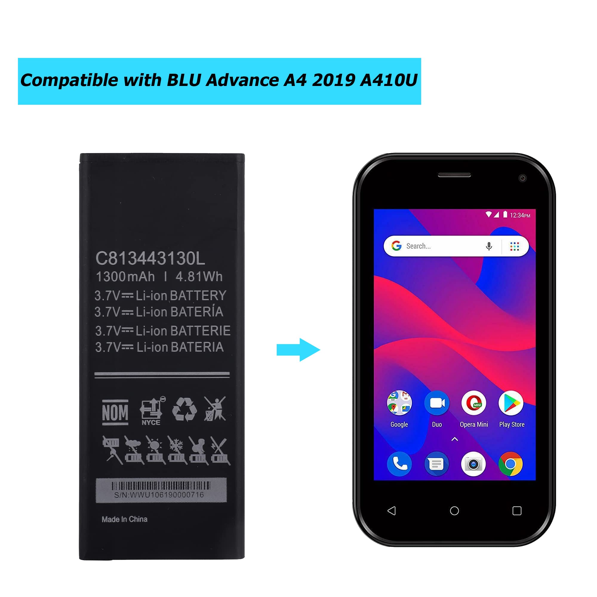 Battery for BLU Advance 4.5 C645004170T 3.7V Li-ion 1750mAh / 6.48Wh