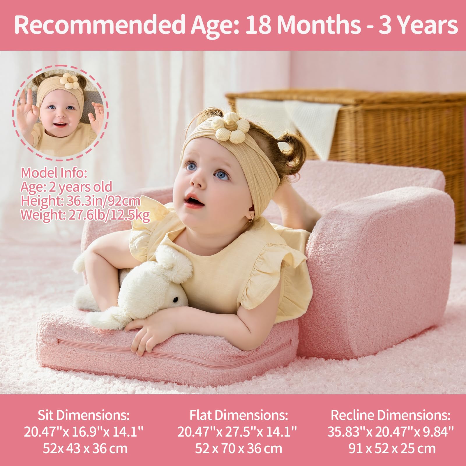 KidBloom 3 in 1 Kindersofa mit Schlaffunktion, Plüsch Kindersofa Ausklappbar, Ergonomischer Kindersessel ab 1 2 3 Jahr (Rosa)