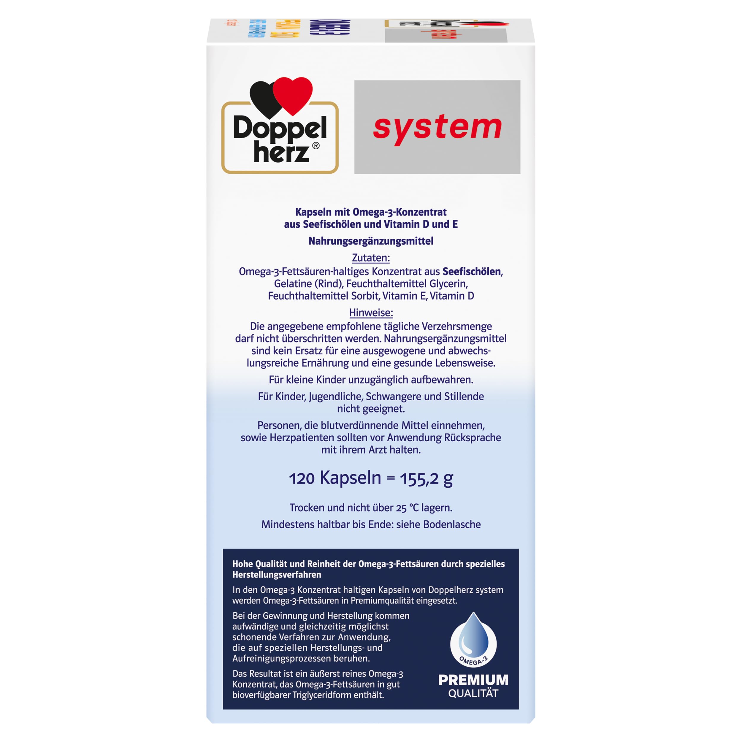 Doppelherz system Omega-3 Premium 1500 – Hoher Gehalt an wertvollen Omega-3-Fettsäuren EPA und DHA als Beitrag zur normalen Herzfunktion – 2 x 120 Kapseln