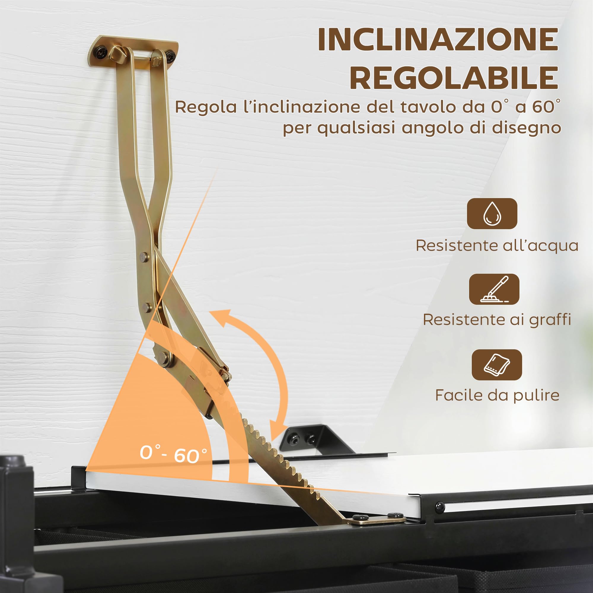HOMCOM Tavolo da Disegno Inclinabile Altezza Regolabile con Sgabello, Scrivania per Disegno e Lavoro con Cassetti, Ripiano Portaoggetti per Pittura Ingegnere Scrittura Artisti Architetti, Bianco