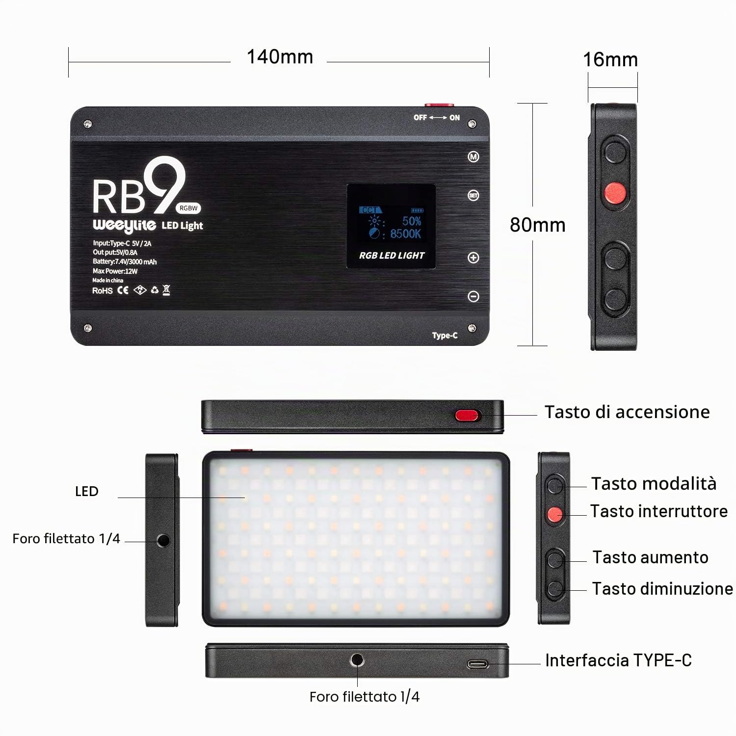 Weeylite RB9 LED Luce Video con batteria integrata,360 ° Pieno di colori,Dimmerabile 2500K-8500K,APP Controllo,Portatile Luce della Fotocamera Pannello per YouTube Vlogging Selfie Conférence