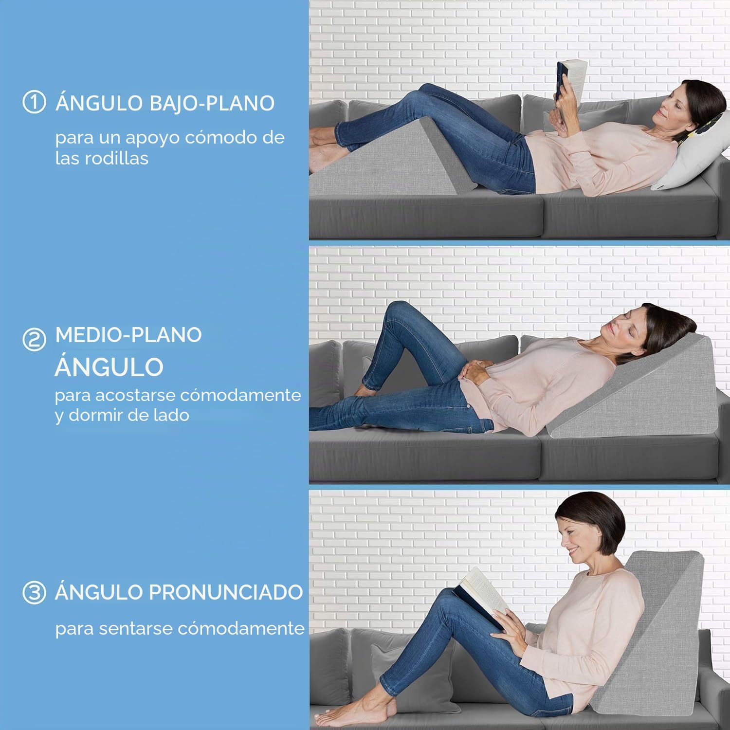 Wedge Pillow for Bed & Couch Made Foam, Use as a Reading and Relax Cushion or Knee Cushion, Sofa Cushion with Clever Shape, Grey