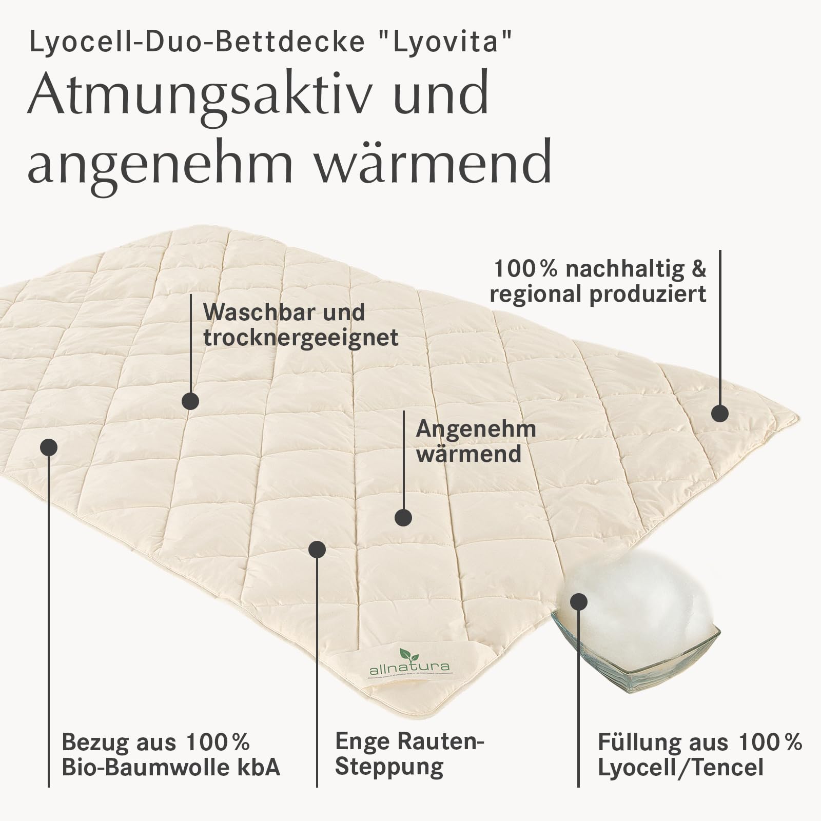 allnatura Lyovita Lycocell-Duo 135x200 cm Bettdecke - warme Decke optimal klimatisierend für 4 Jahreszeiten - Atmungsaktive Steppdecke gefüllt mit Lyocell/Tencel - für Allergiker geeignet
