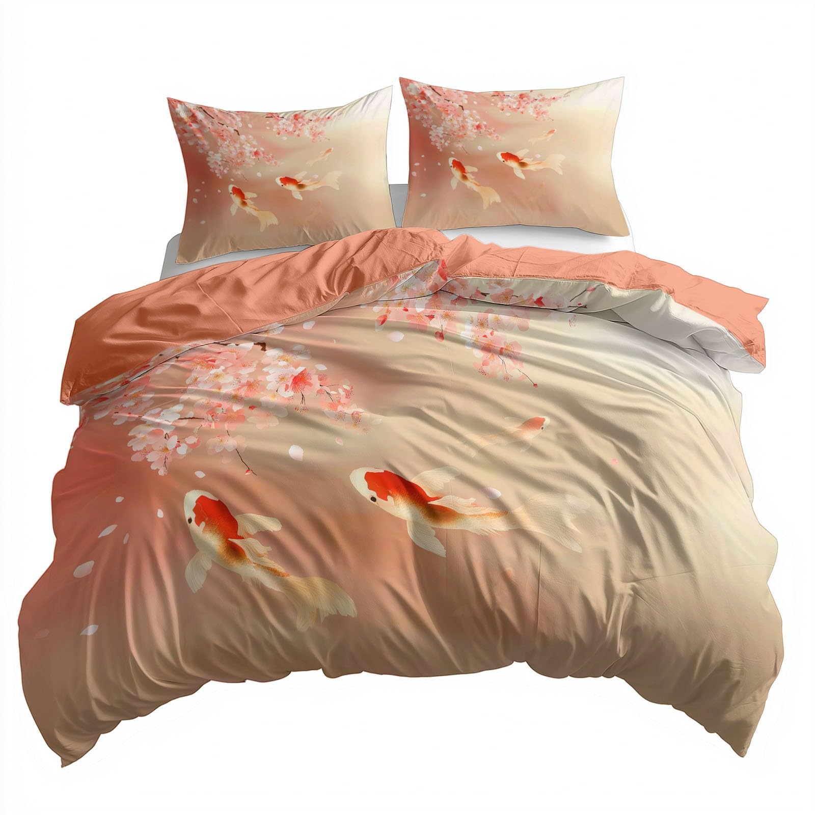 Kirschbaumzweig mit Koi Karpfen Wendebettwäsche 200x200 cm in Korallenrosa, kuschelige Bettwäsche-Set 3-teilig, weich bügelfrei & allergikergeeignet, inkl. 2x Kissenbezug 80x80 cm mit Reißverschluss
