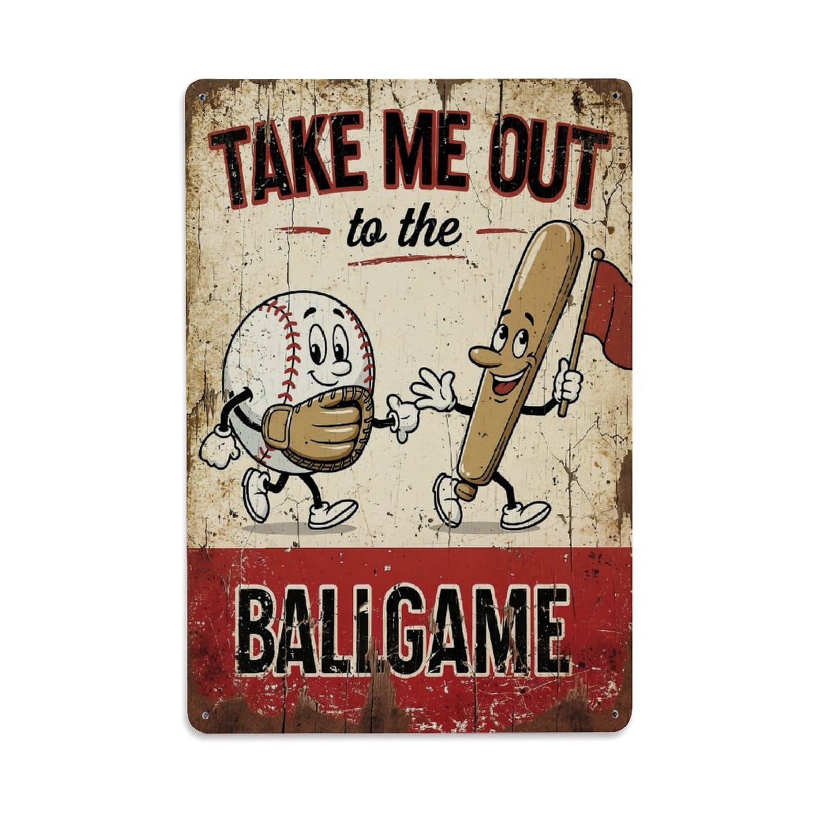 Take Me Out To The Ballgame Retro Metal Tin Sign, Vintage Decor Art Poster for Bar, Home, Man Cave, Kitchen, Laundry Room Gift 8x12Inch