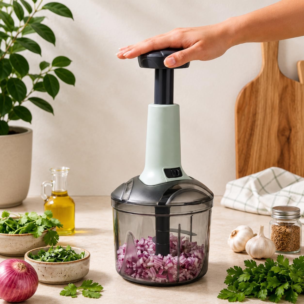 Xmart India Food Chopper 4 Blade Steel Large Manual Hand-Press Effortless Chopping Vegetables & Fruits Mixer Cutter to Cut Onion Paste Maker, Tomato, Potato, Paste Maker, Kitchen Tools (900ML)-image-24