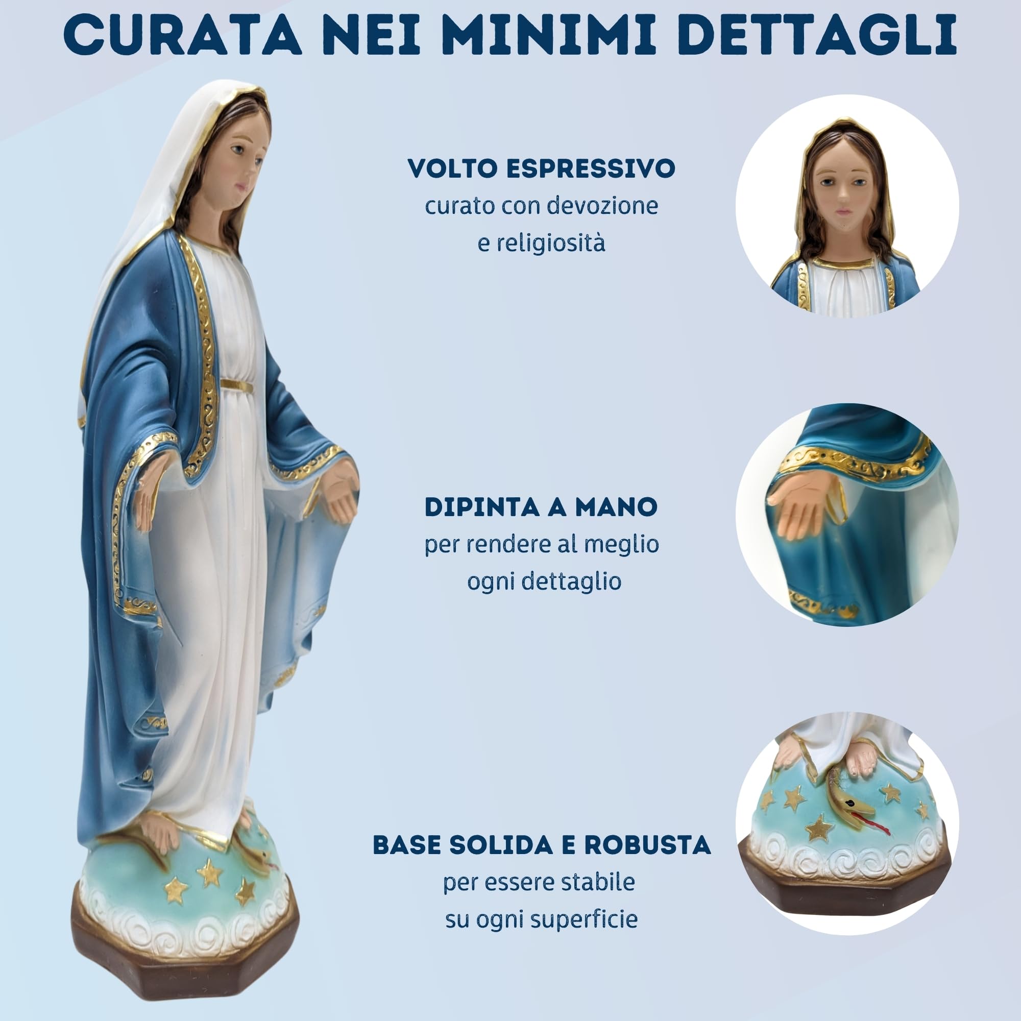 OVUNQUE PROTEGGIMI Statua Madonna Immacolata o Miracolosa cm 40, in polvere di marmo, per Interni ed Esterni, Statuetta della Madonnina Realizzata artigianalmente in Toscana.
