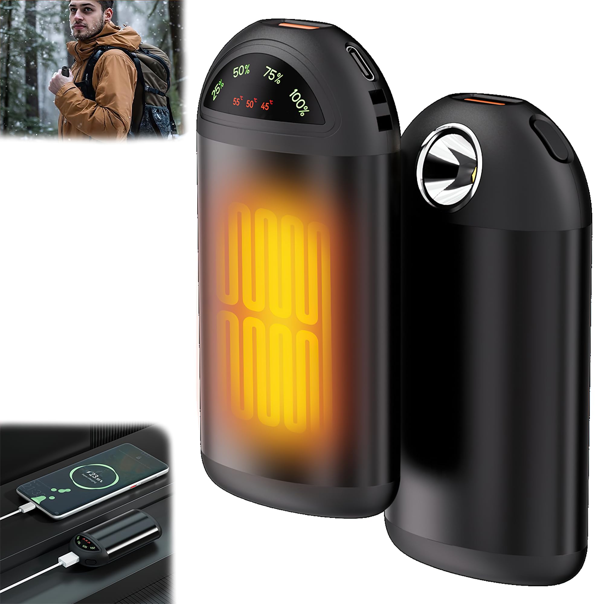 Hand Warmers - Electric Hand Warmer with LED Display, Hand Warmer Rechargeable 5000mAh, 3 Levels Heating, Portable Pocket Heater, Ideal for Winter, Camping, Travel