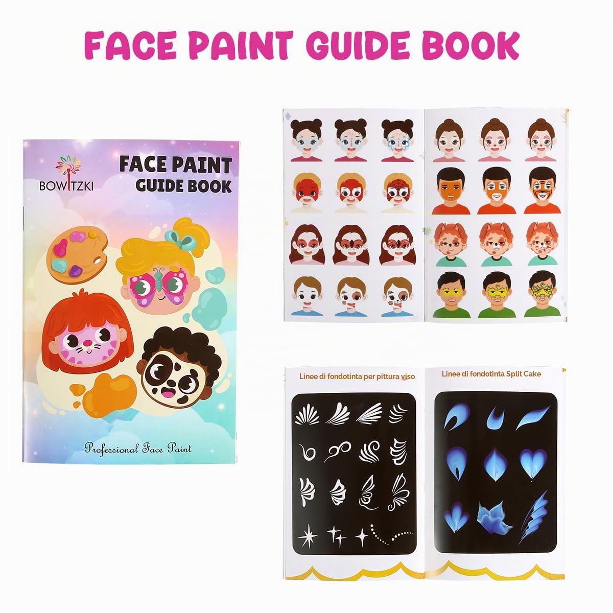 Bowitzki Set di 21 colori Split Cake Face Paint Kit Professional Face Painting Kit Kids Adults 10g One Stroke Stencil Brush Practice Board Guide Book Non Toxic Rainbow Body Makeup Halloween Christmas