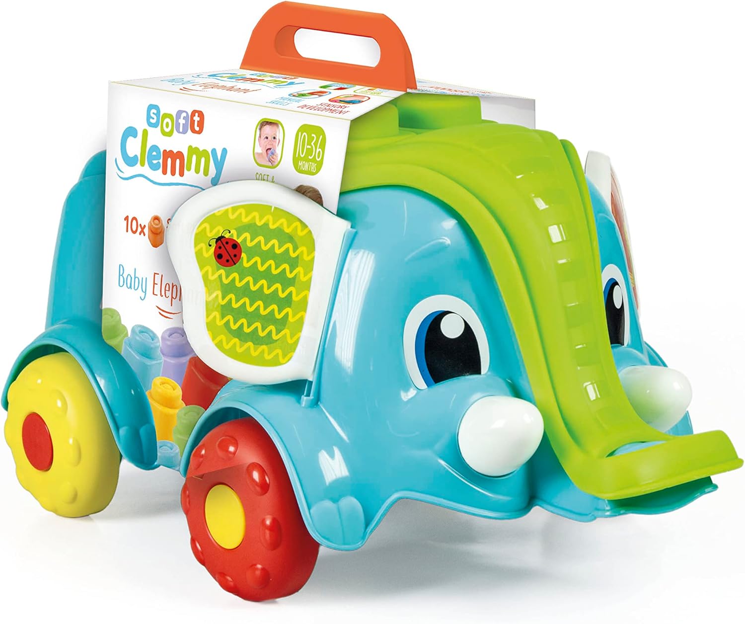 Clementoni 17697 Elefantino cart Bricks Construction Elephant Wagon-Playset Clemmy, Soft Building Blocks Children 10 Months, Made in Italy, Multicolour, One Size