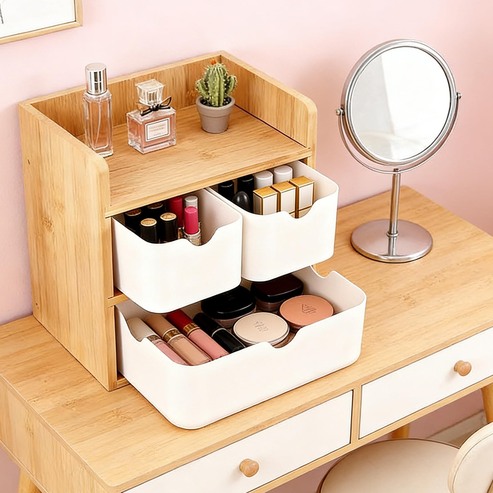 Caja de almacenamiento de madera para escritorio, caja con 3 cajones, compacta con borde de protección, 14 x 20 x 19 cm, para oficina, hogar y escuela