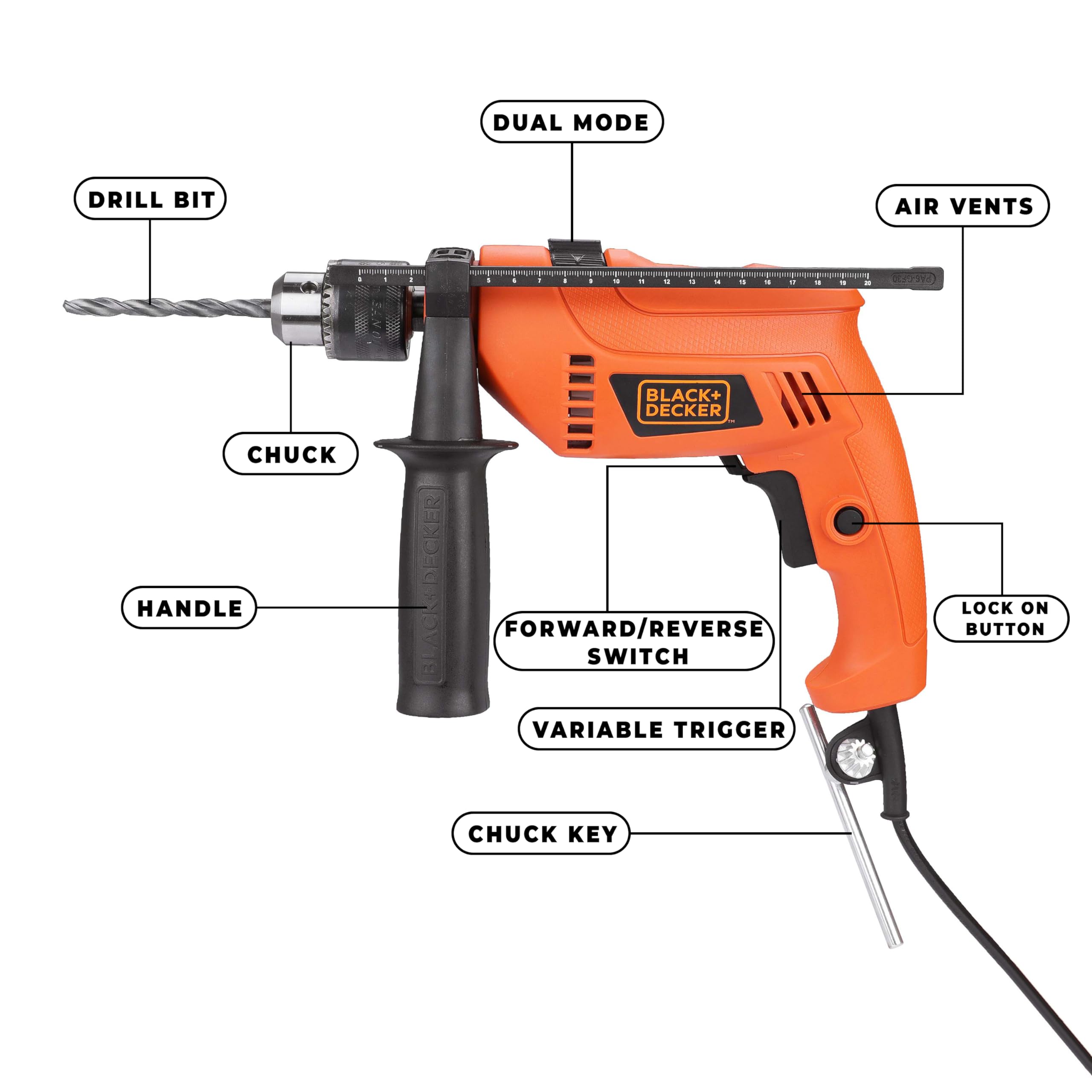 BLACK+DECKER HD555KA50 550W 13mm Variable Speed Reversible Impact Drill Kit with 50 Accessories Kitbox for Home and Professional use - Image 3 thumbnail