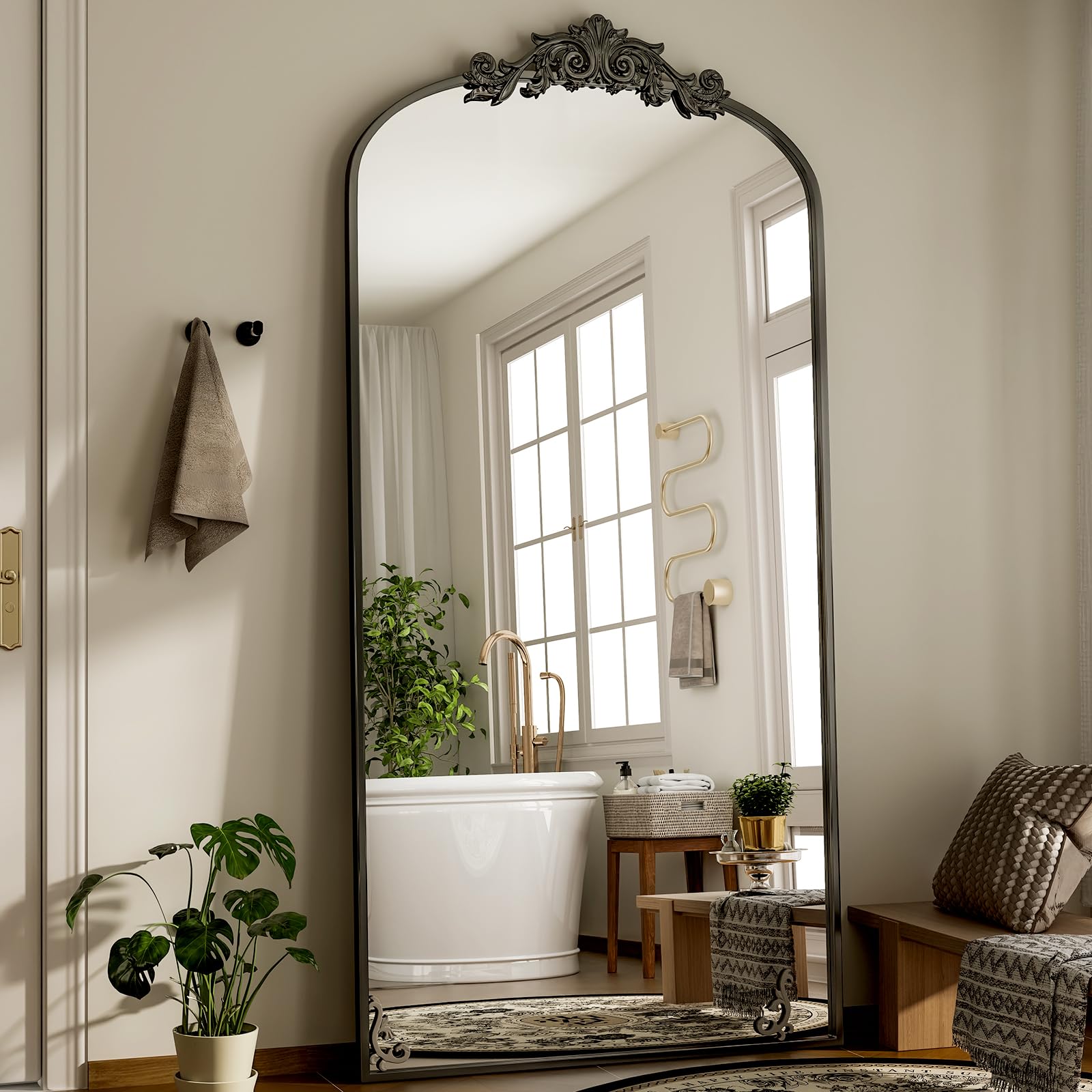 GLSLAND Vintage Mirror - 76"x 34" Full Length Mirror Large Carved Arched Mirrors with Metal Frame Baroque Full Body for Bathroom/Living Room/Entryway,Black