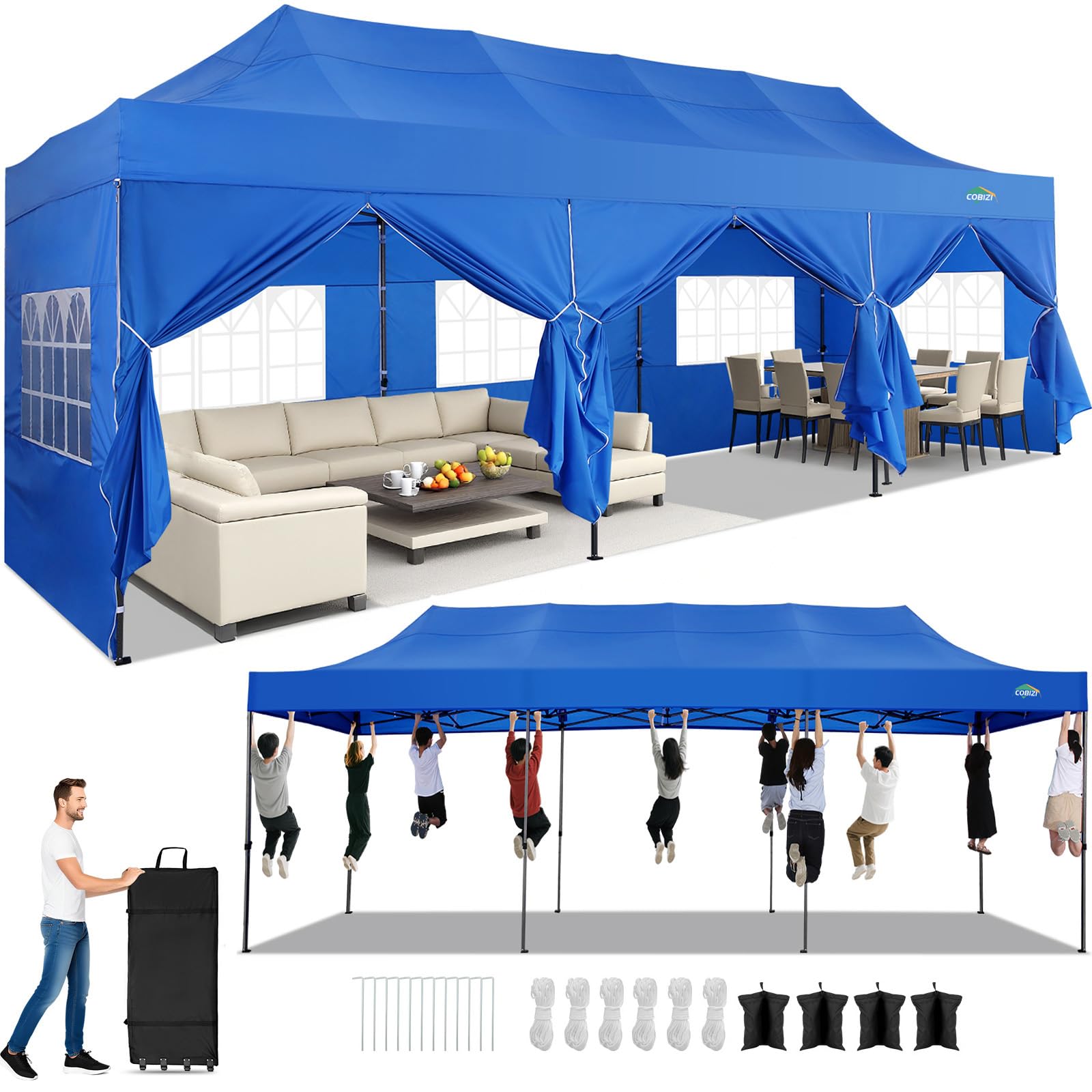 COBIZI 10x30 Heavy Duty Pop Up Canopy Tent with 8 Sidewalls, Blue